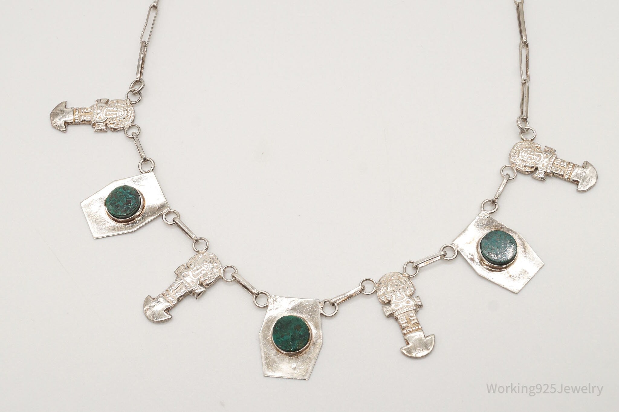 Vintage Chrysocolla Aztec Style Sterling Silver Necklace