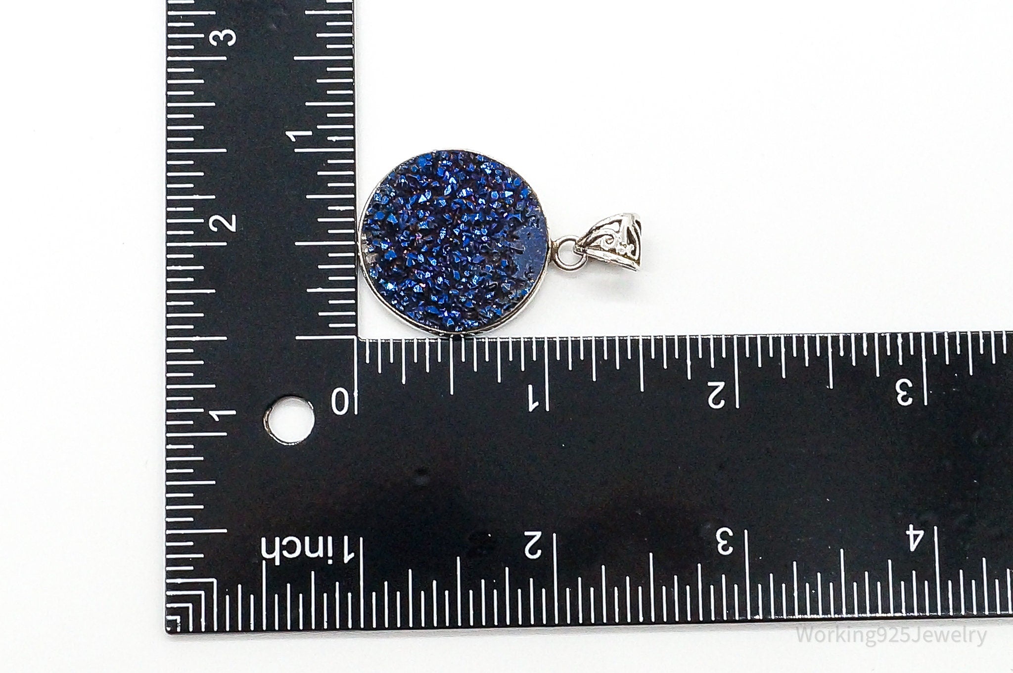 Vintage Large Blue Druzy Quartz Sterling Silver Pendant