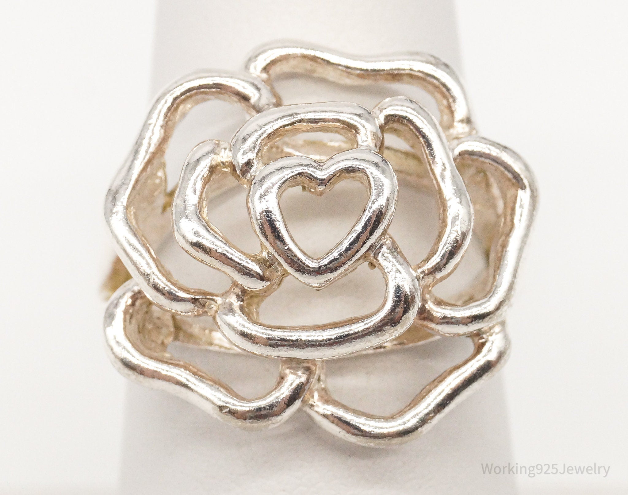 Vintage Rose Flower Cut Out Sterling Silver Ring - Size 7