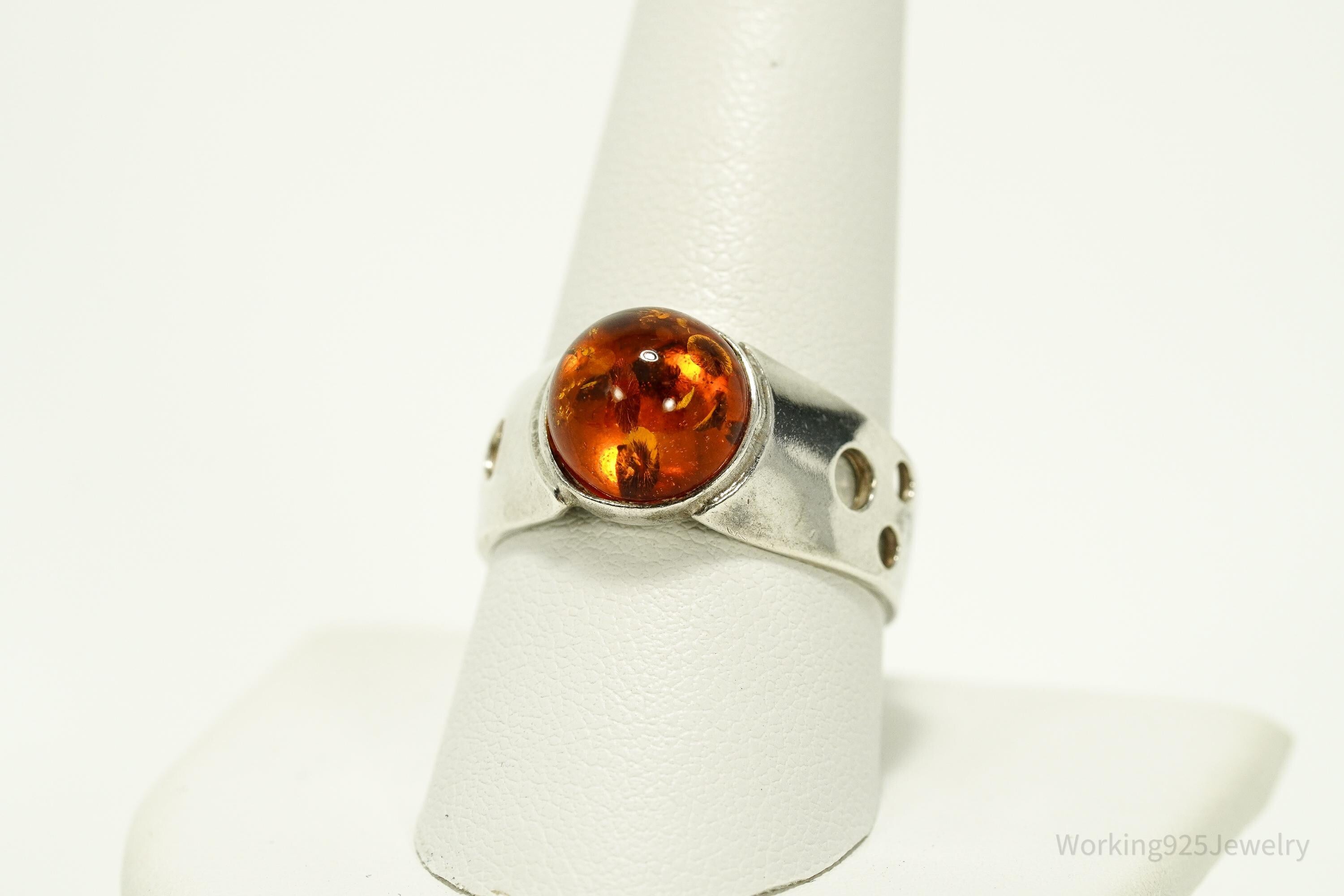 Vintage Amber Modernist Style Sterling Silver Ring - Size 10