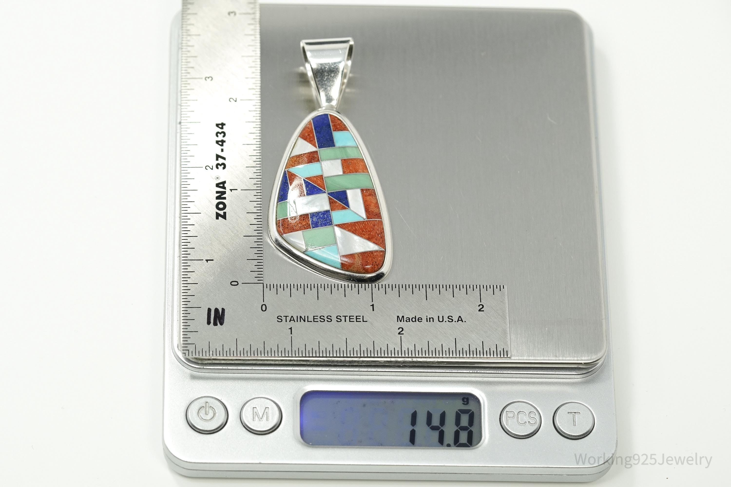 Vintage Large Desert Rose Trading Multi Gem Inlay Sterling Silver Pendant 2.5"