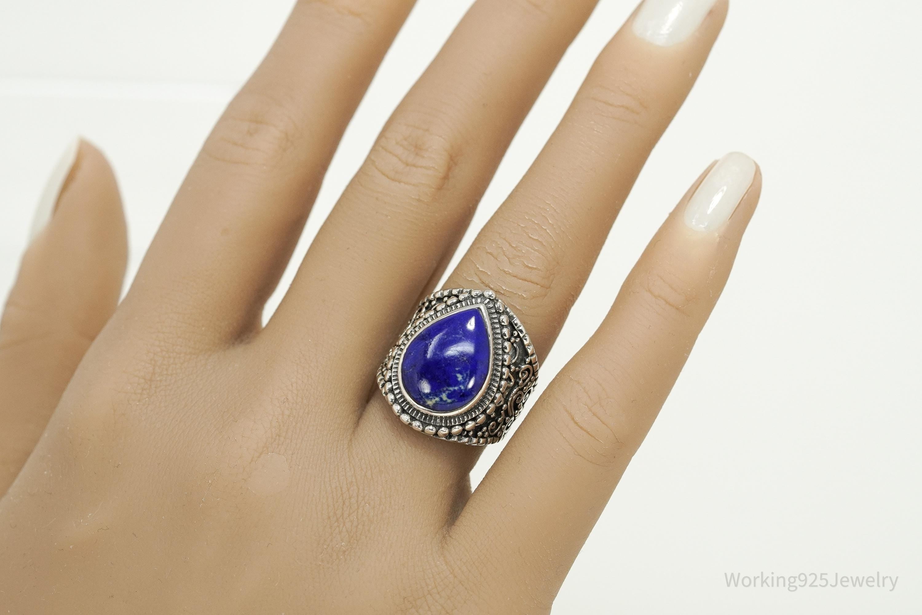 Vintage NK Lapis Lazuli Sterling Silver Statement Ring Size 6.75