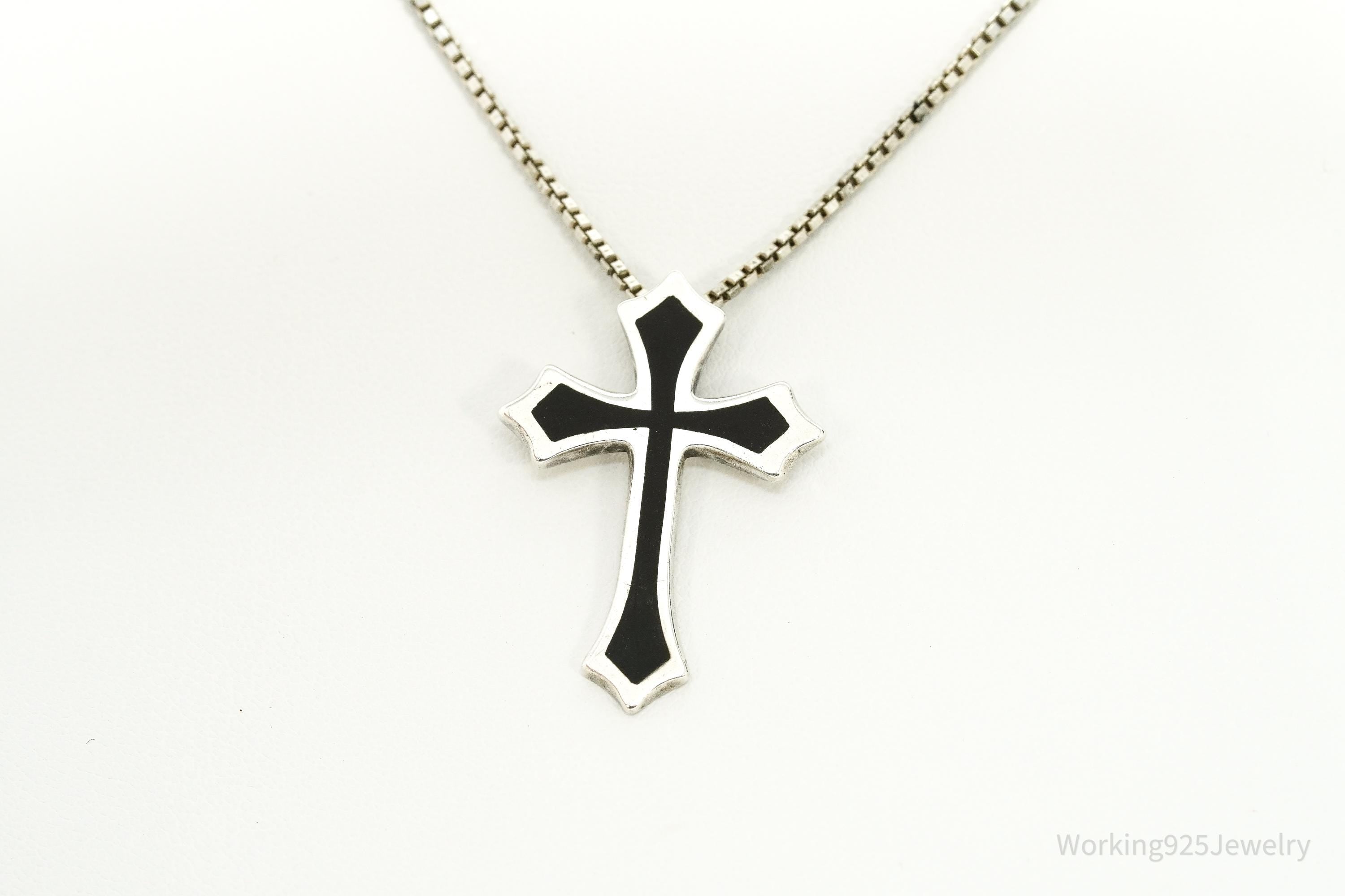 Vintage Black Enamel Inlay Sterling Silver Cross Necklace - 19"