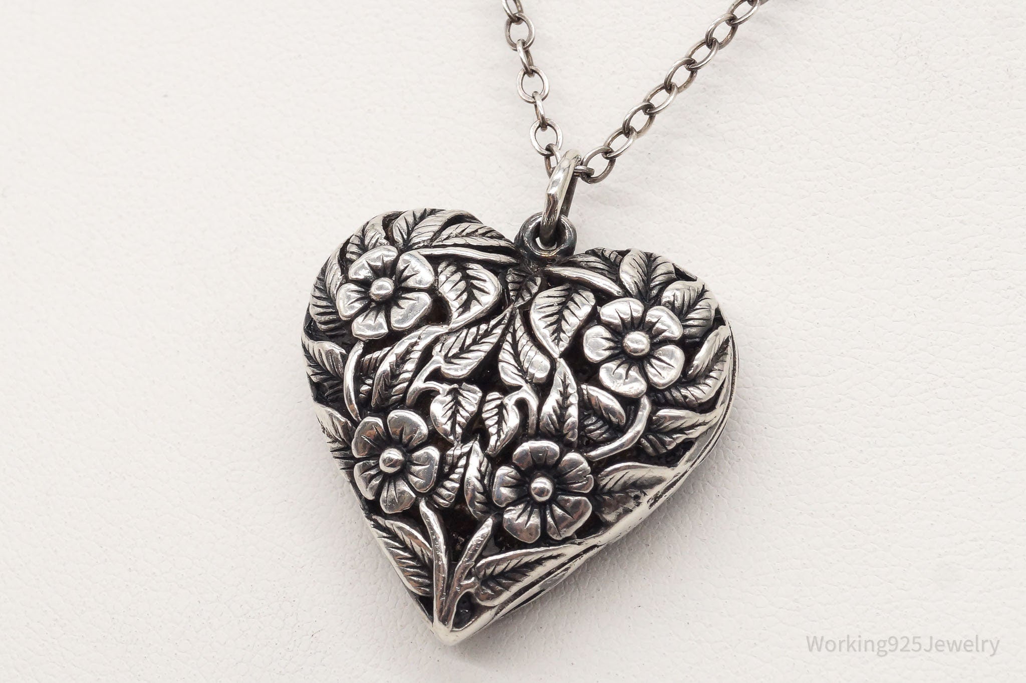 Vintage Large Heart and Flowers Sterling Silver Necklace