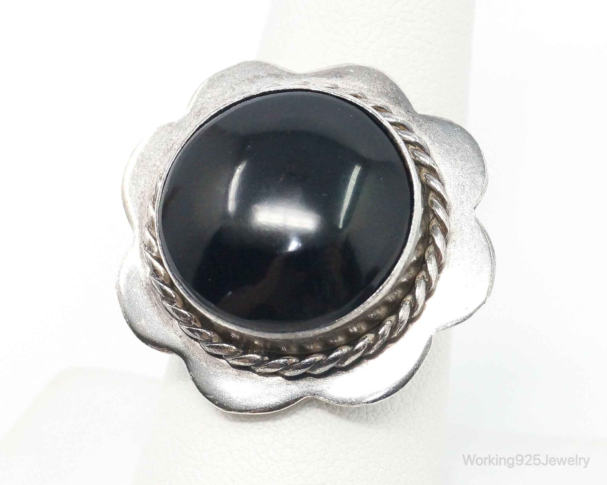 Vintage Mexico Large Black Onyx Flower Sterling Silver Ring SZ 8.5 Adjustable