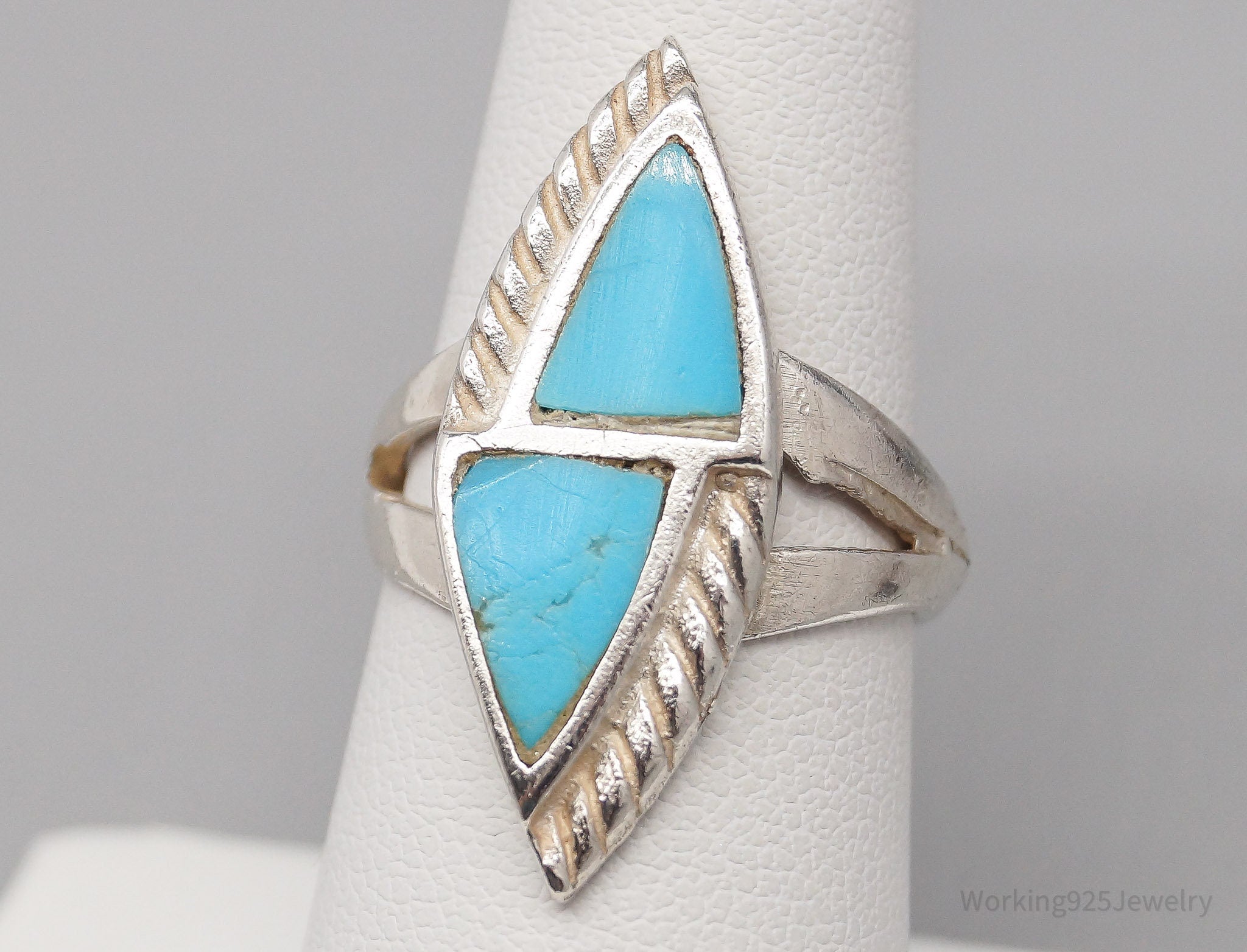 Vintage Native American Turquoise Inlay Silver Ring - Size 7.25