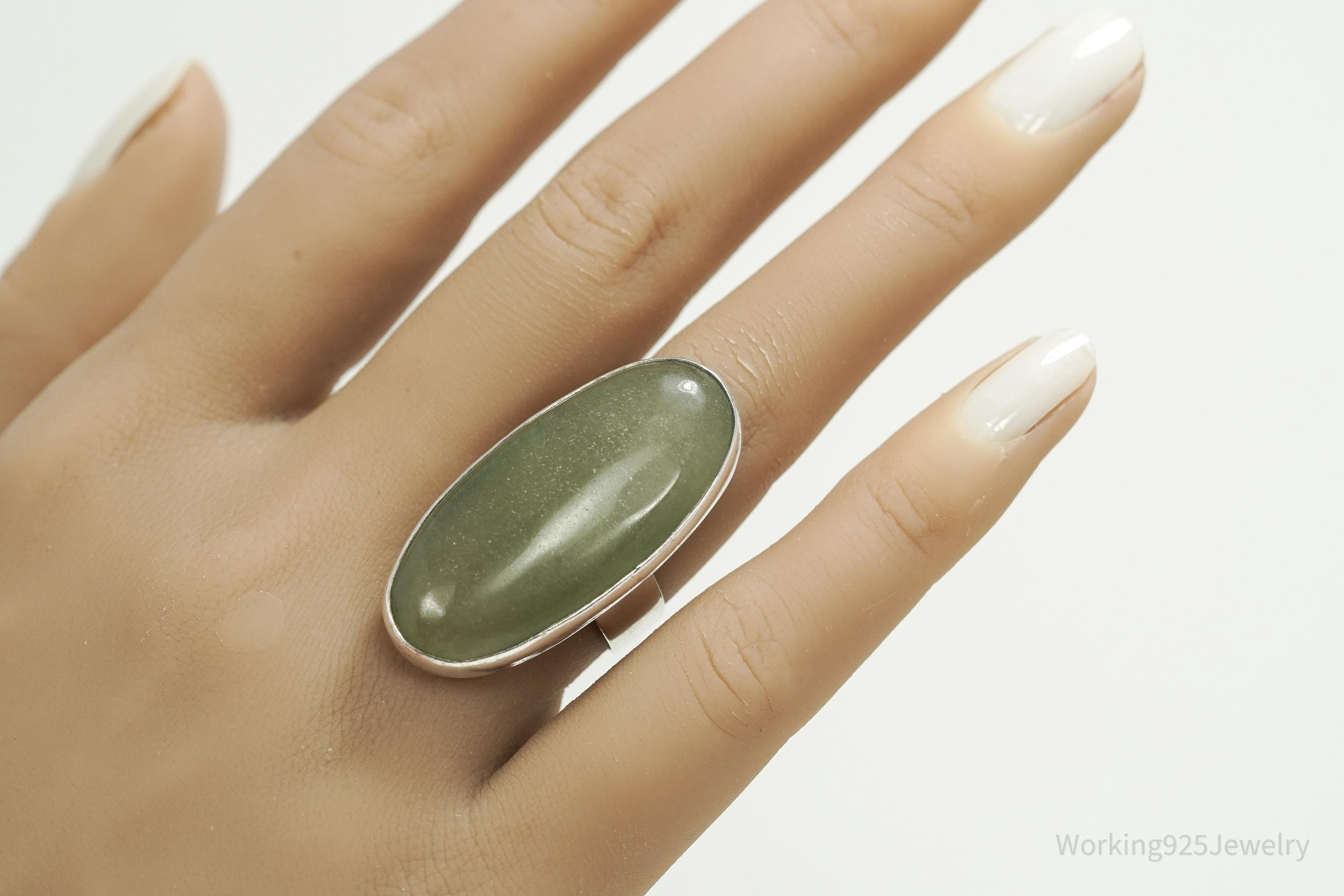 Vintage Large Green Stone Sterling Silver Ring - Size 7