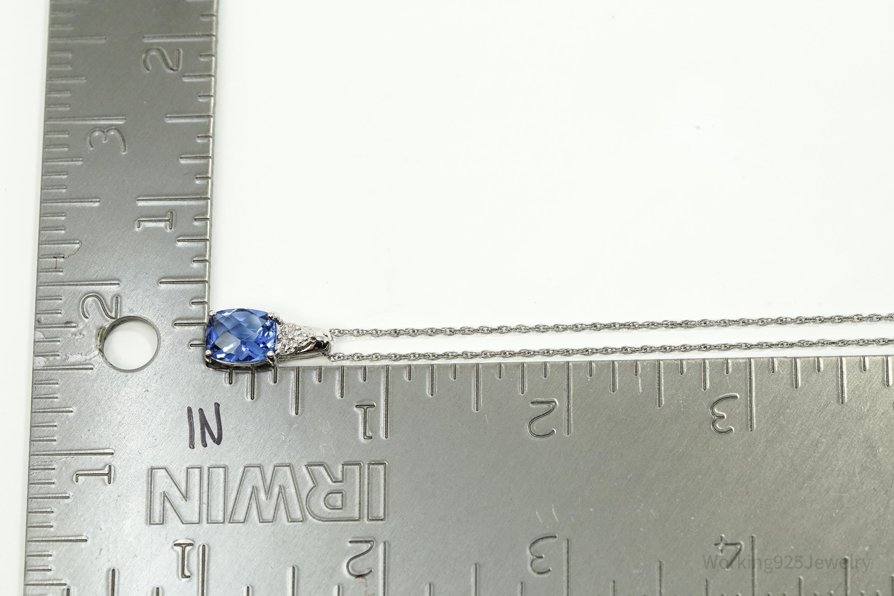 Vintage Ross Simons Lab Created Blue Sapphire & Single Diamond Sterling Silver Necklace 18"