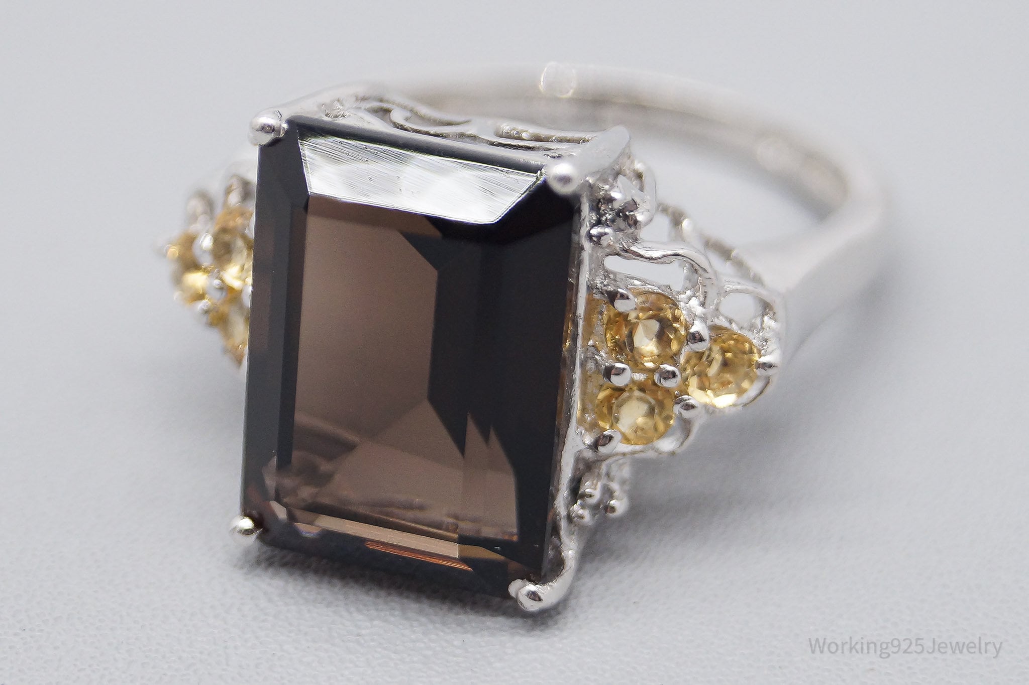 Vintage Large Smoky Topaz Citrine White Topaz Sterling Silver Ring - Size 8