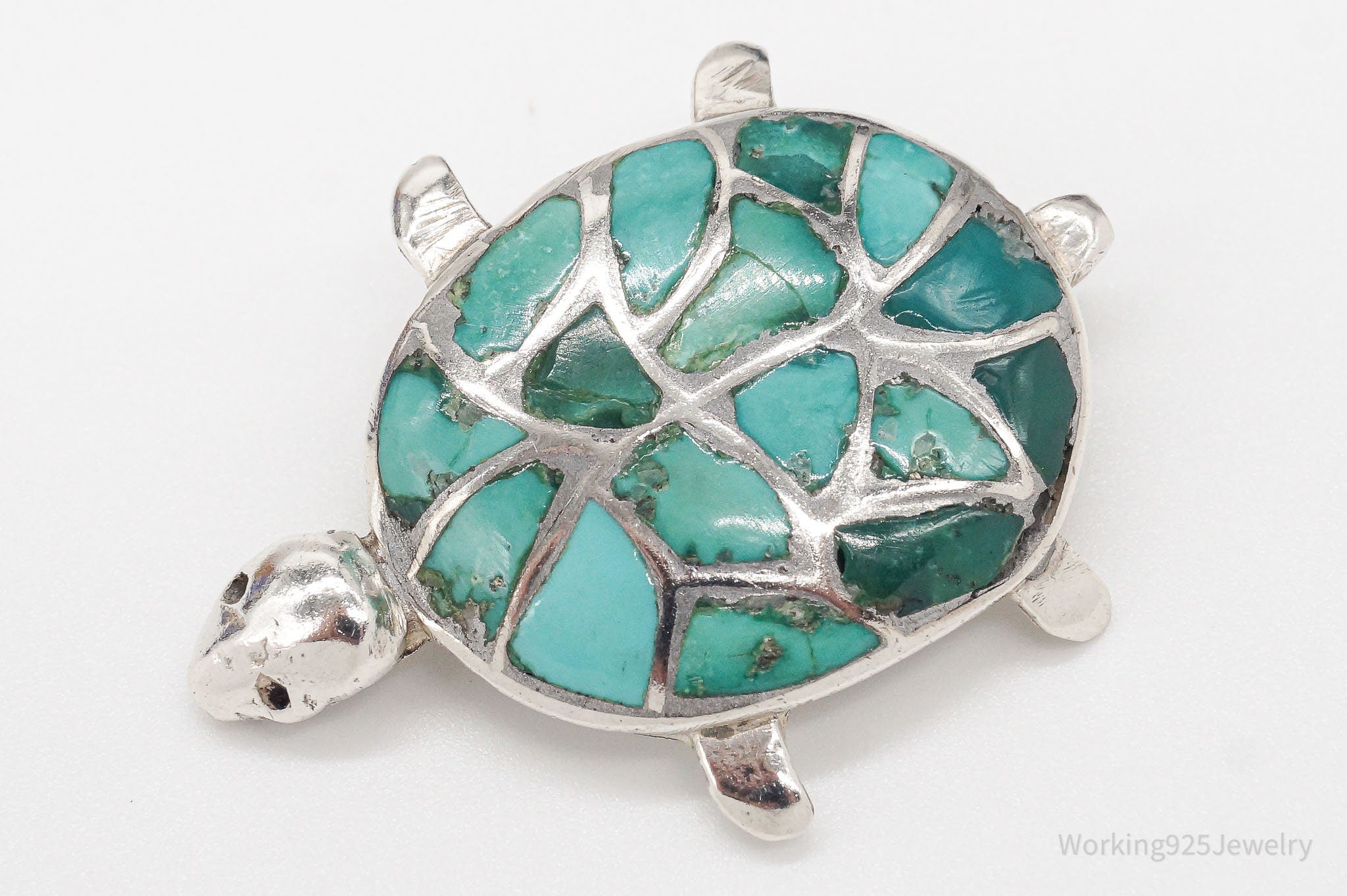 Vintage Handmade Turquoise Inlay Turtle Silver Brooch Pin