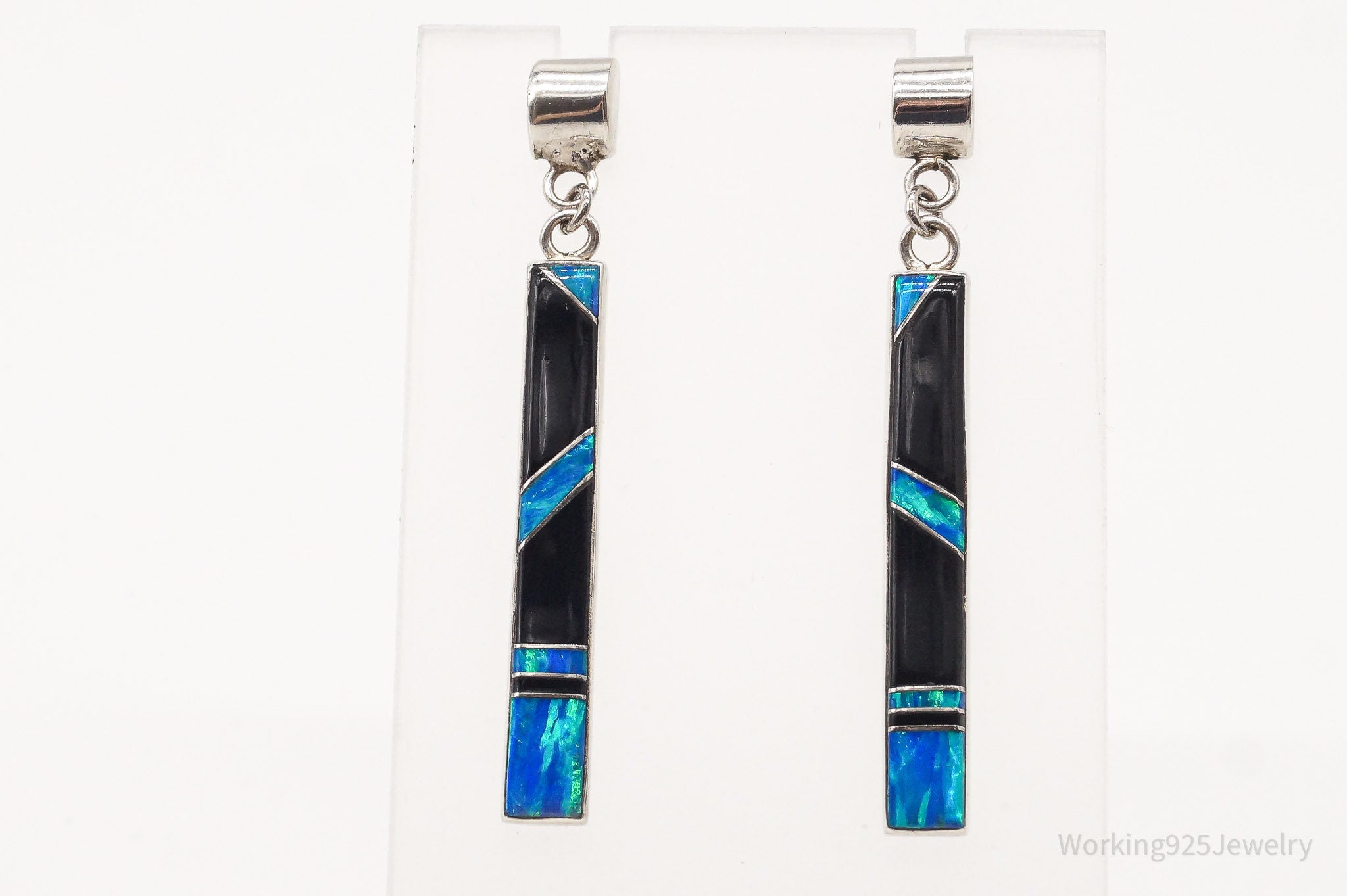 Vintage Native American AC Blue Opal Black Onyx Sterling Silver Earrings