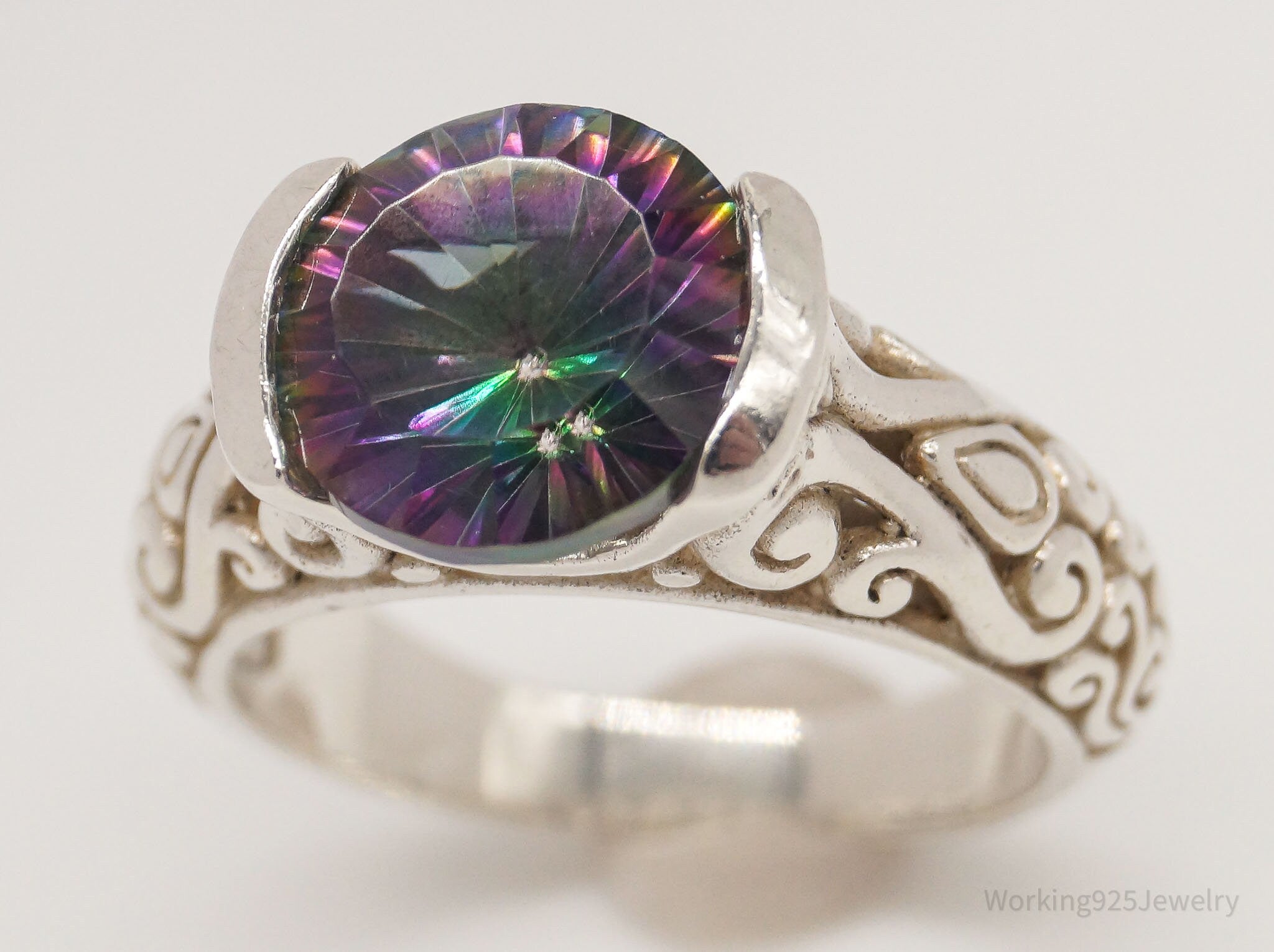 Vintage Mystic Topaz Sterling Silver Filigree Ring - Size 6.75