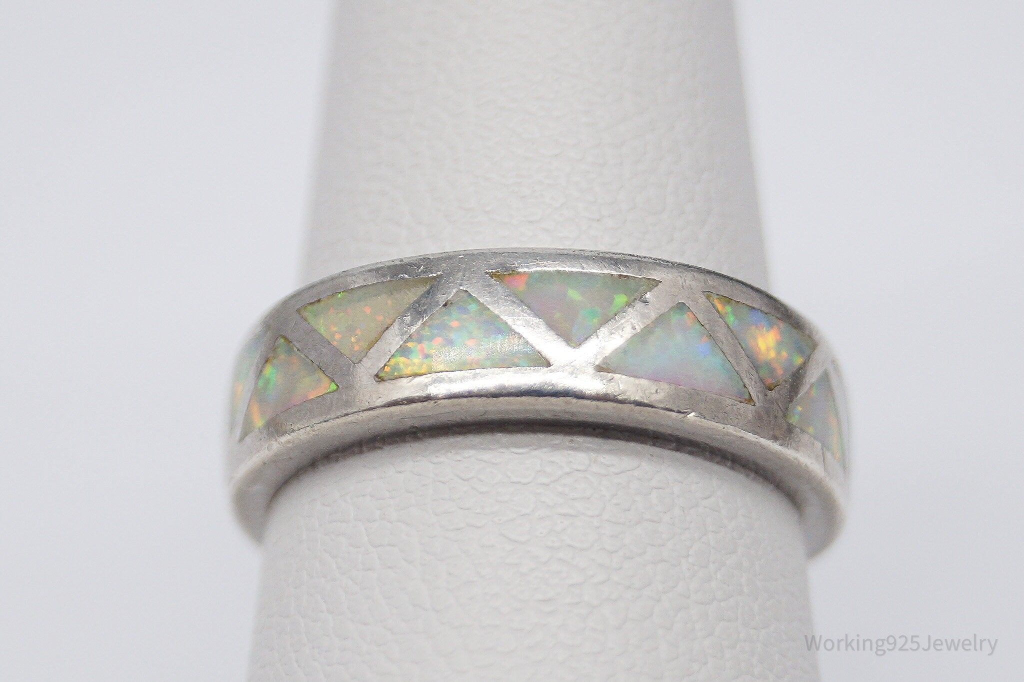 Vintage Opal Inlay Sterling Silver Band Ring - Size 6.75