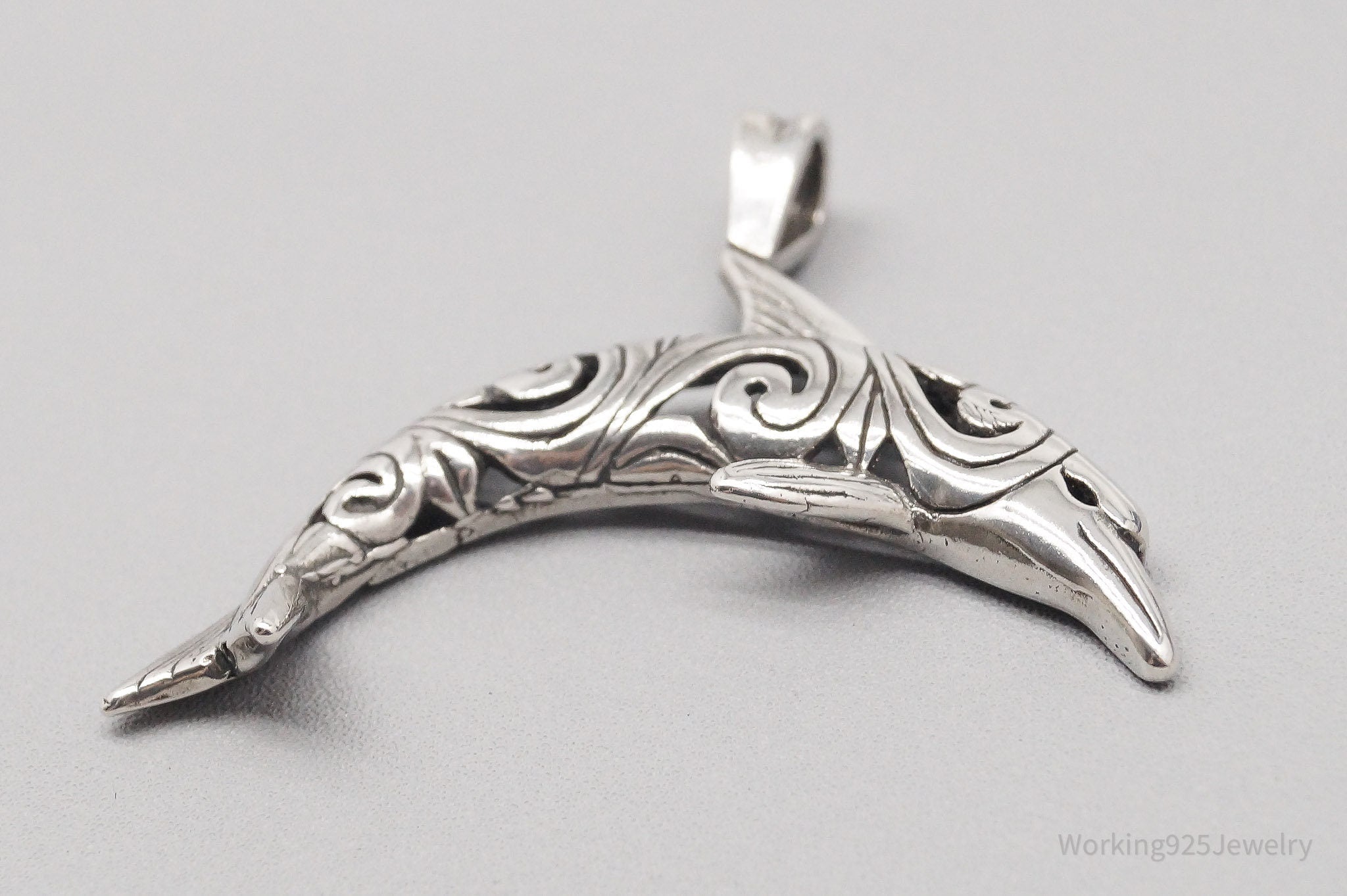 Vintage Large Scroll Dolphin Sterling Silver Pendant