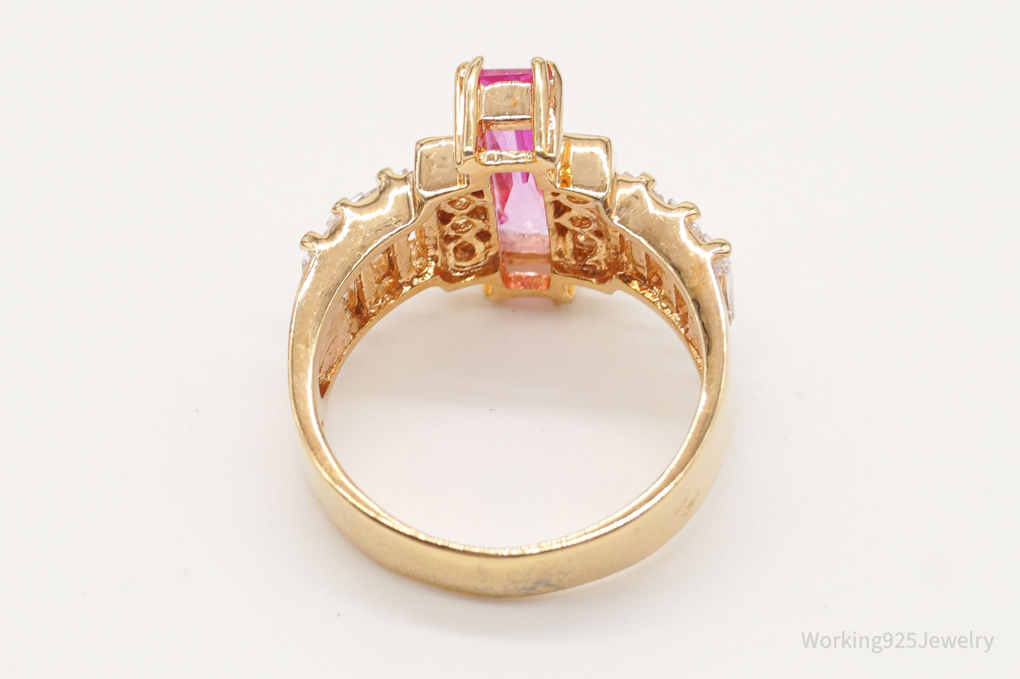 Vintage Pink & White Cubic Zirconia Gold Vermeil Sterling Silver Ring SZ 7.75