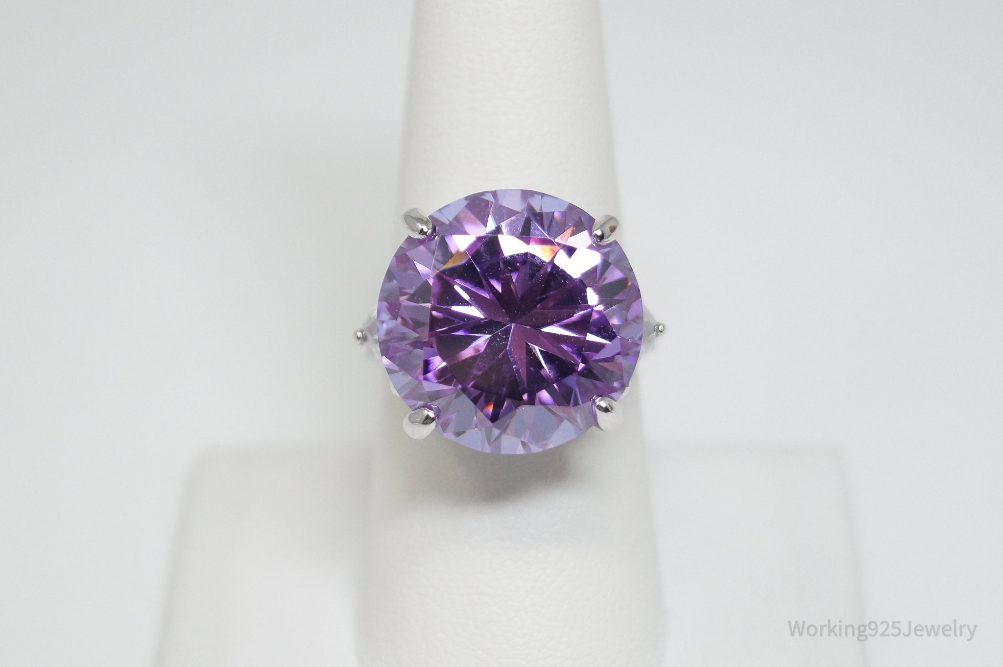 Vintage Purple & White Cubic Zirconia Sterling Silver Cocktail Ring - Sz 7.75