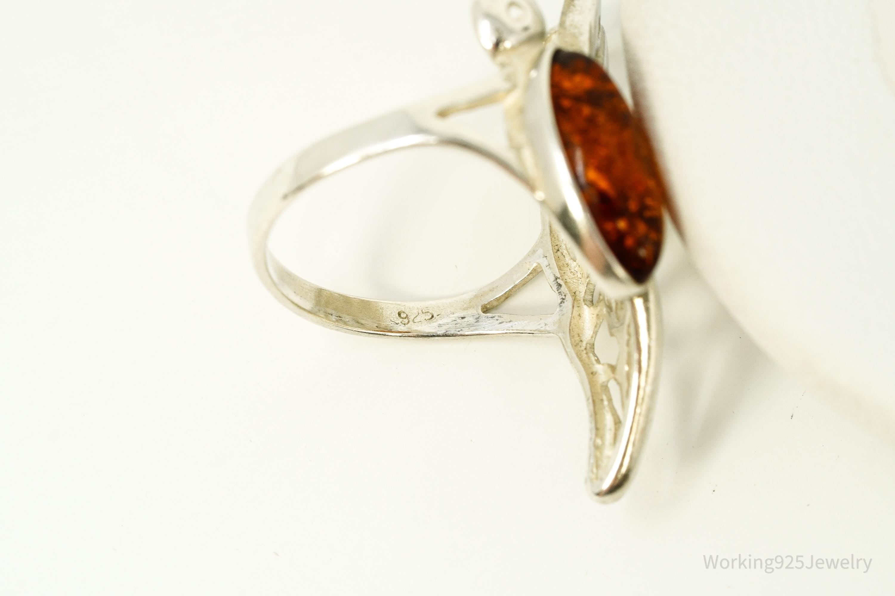 Vintage Amber Butterfly Sterling Silver Ring - Size 7.5