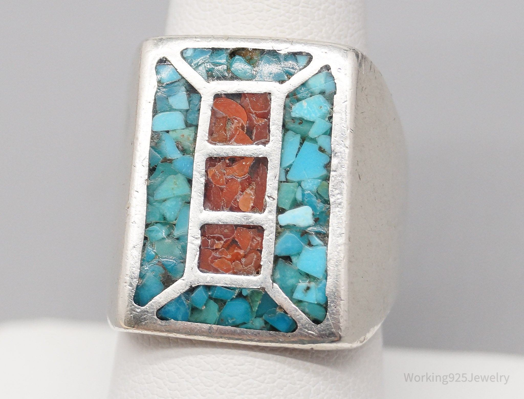 Vintage Native American Turquoise Coral Inlay Silver Ring - Size 8