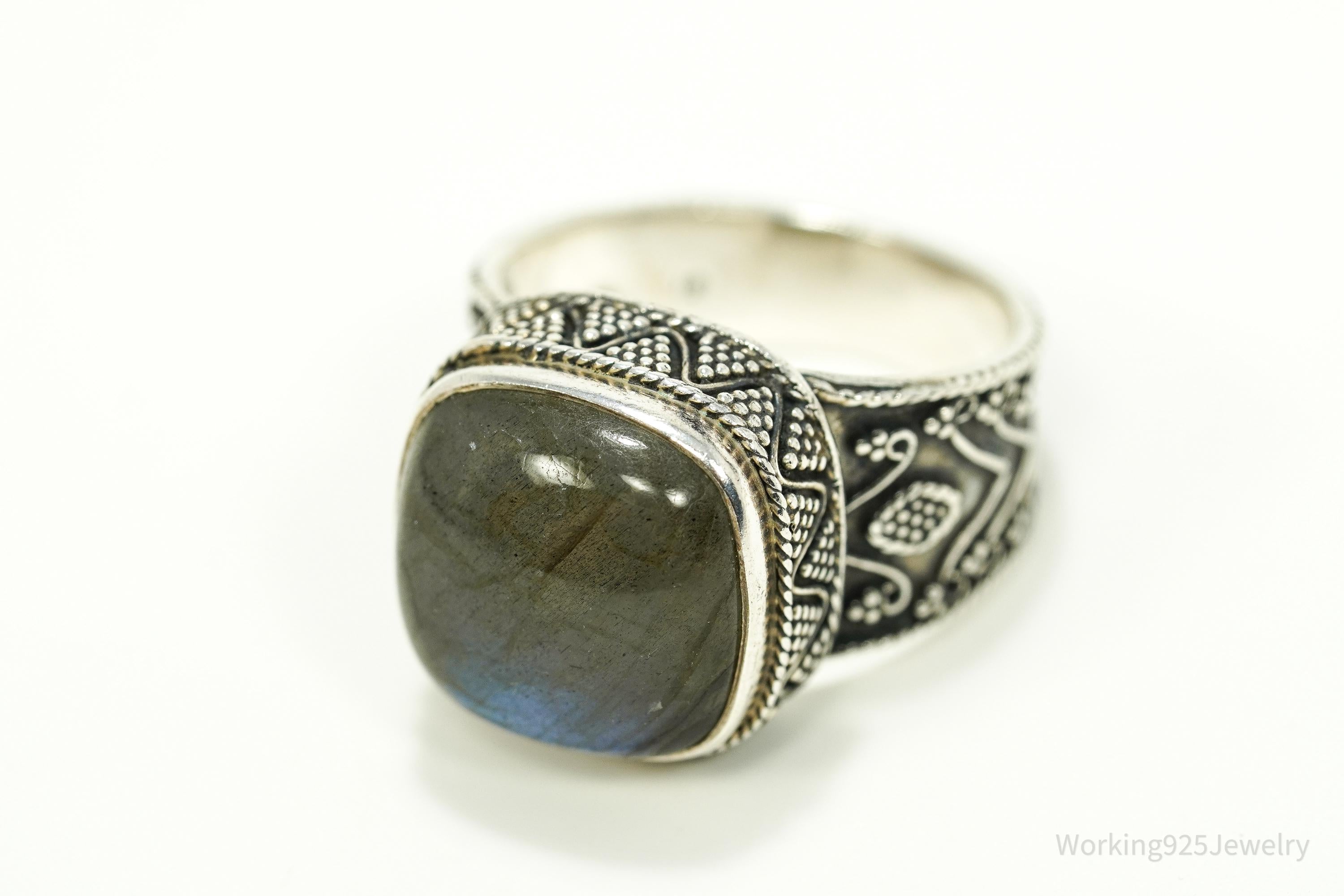 Vintage Large Labradorite Ornate Sterling Silver Ring - SZ 10.25