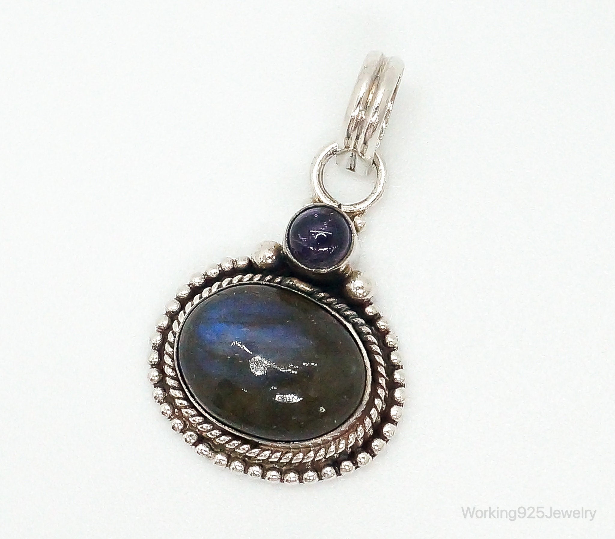 Vintage Large Labradorite Amethyst Sterling Silver Necklace Pendant