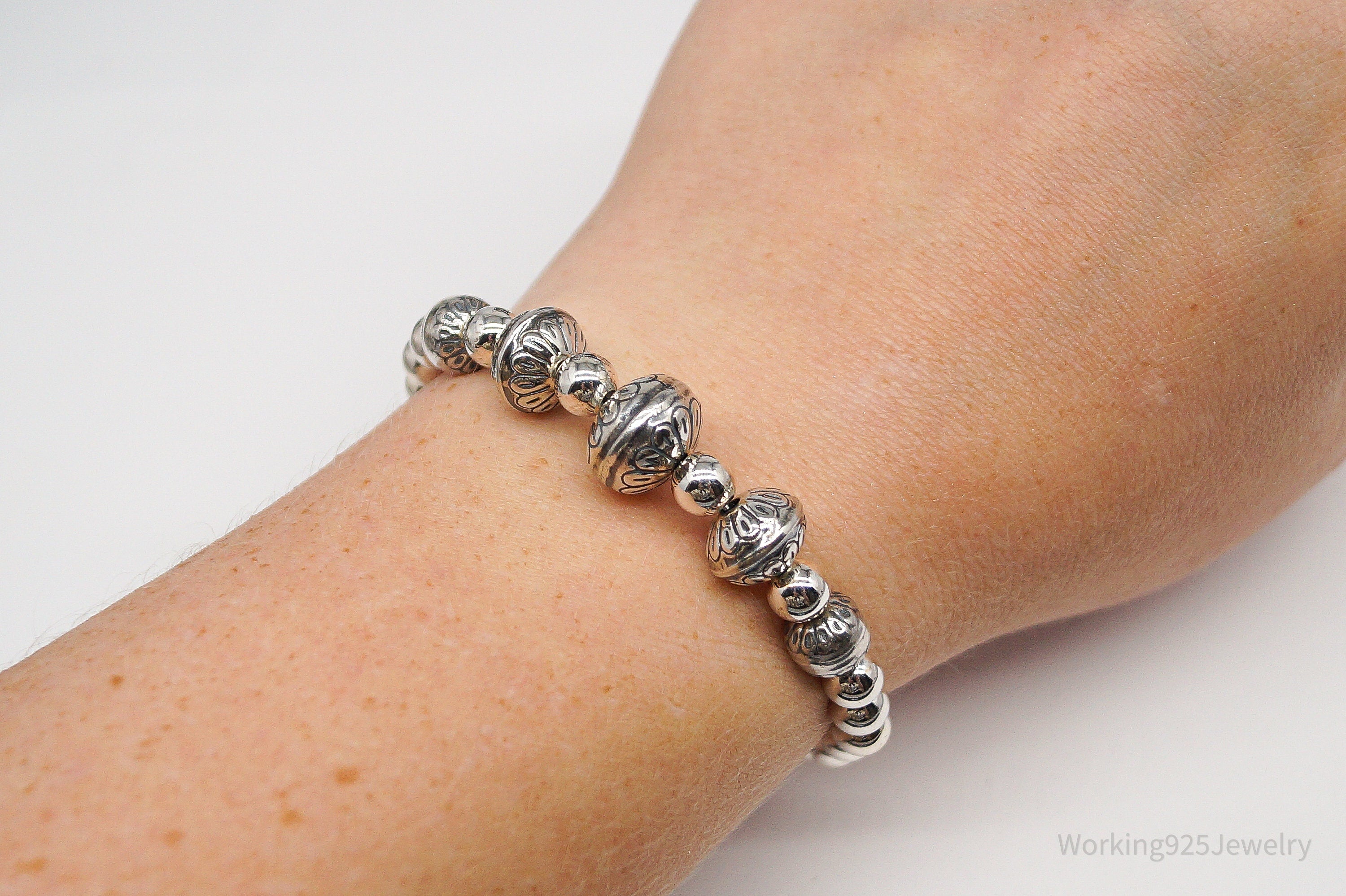 Vintage Native Carolyn Pollack Sterling Silver Adjustable Bead Bracelet 5"-7"