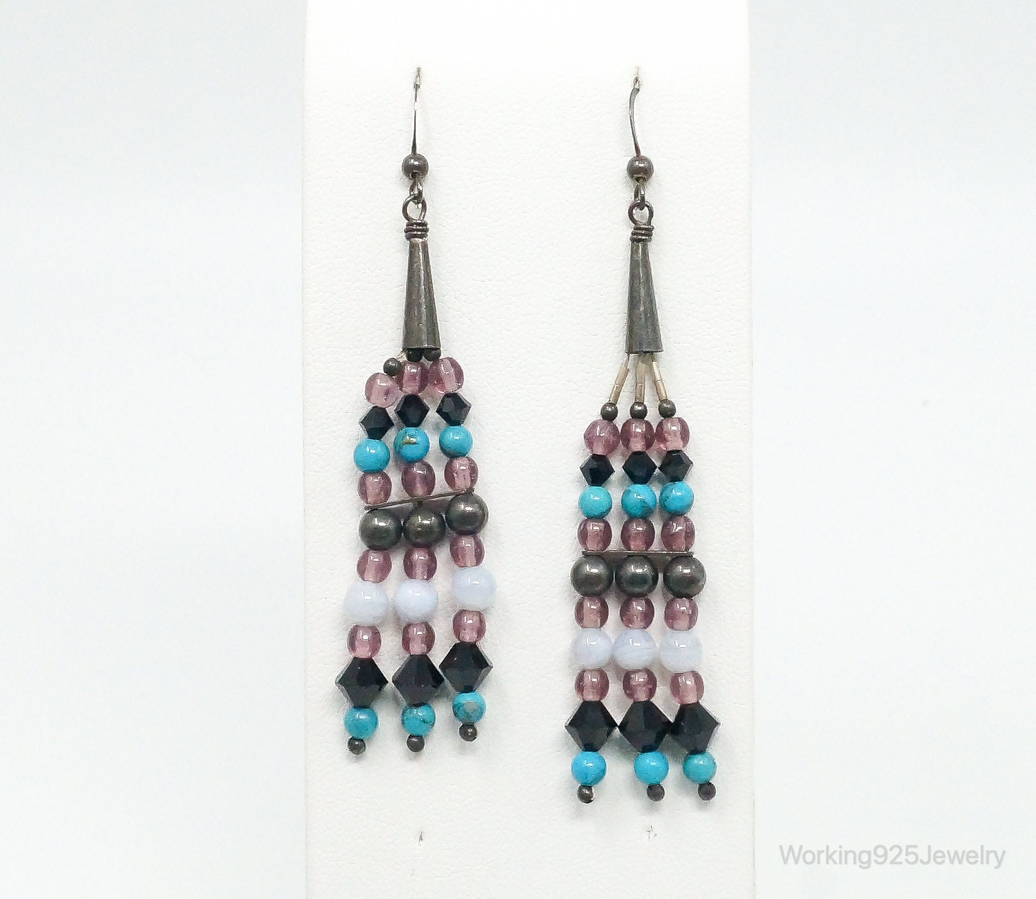 Vintage Native American Multi Gem Beads Sterling Silver Earrings