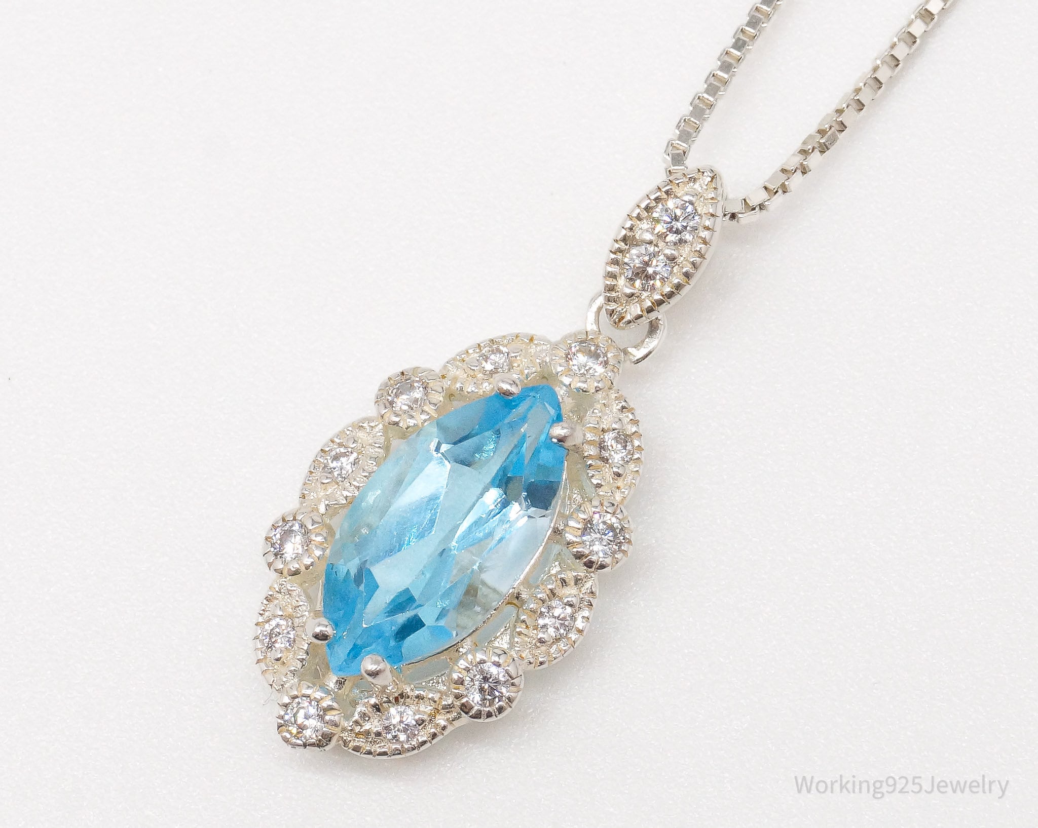 Vintage Blue Topaz Cubic Zirconia Sterling Silver Necklace 18"