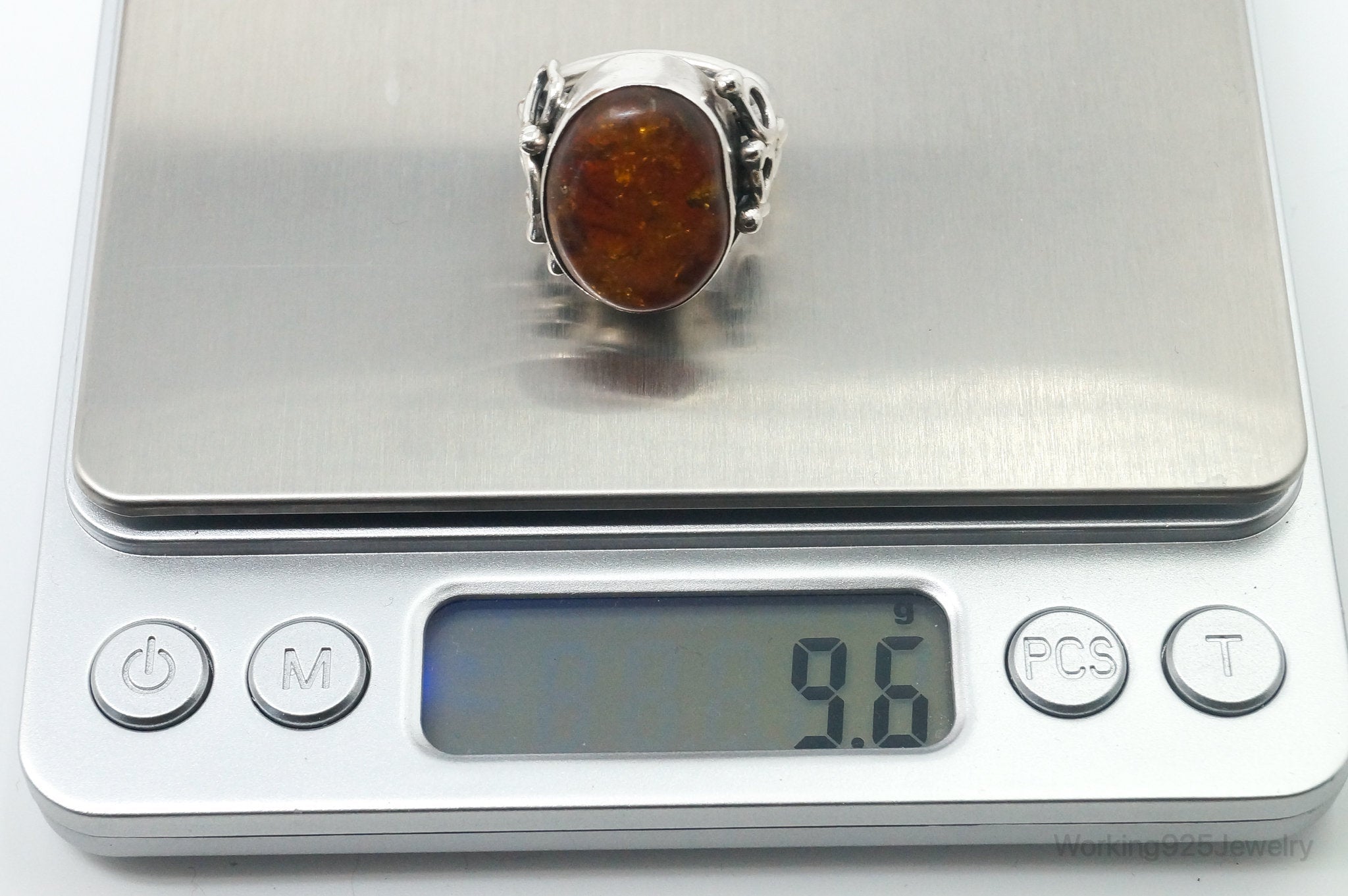 Vintage Large Baltic Amber Modern Sterling Silver Ring - Size 6.25