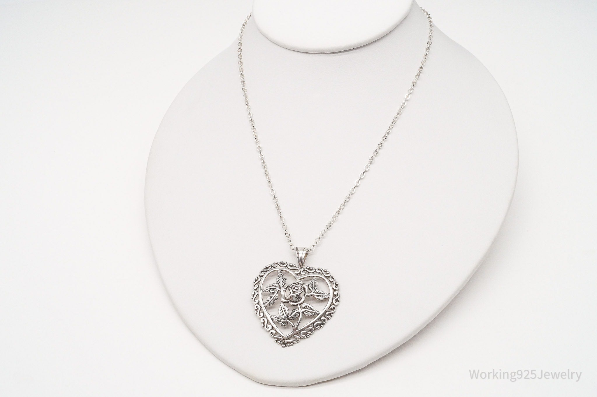 Vintage Large Rose Heart Sterling Silver Necklace 23"