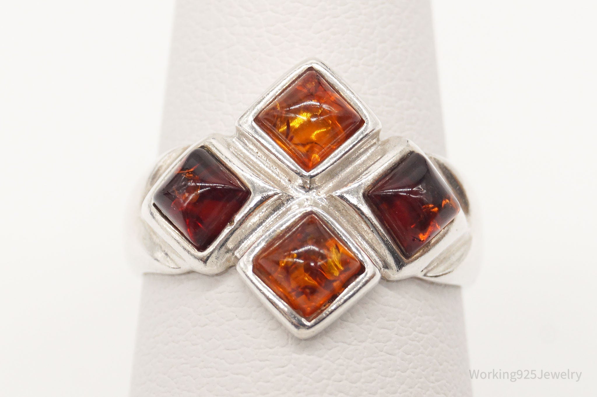 Vintage Modernist Amber Sterling Silver Ring - Size 6.5