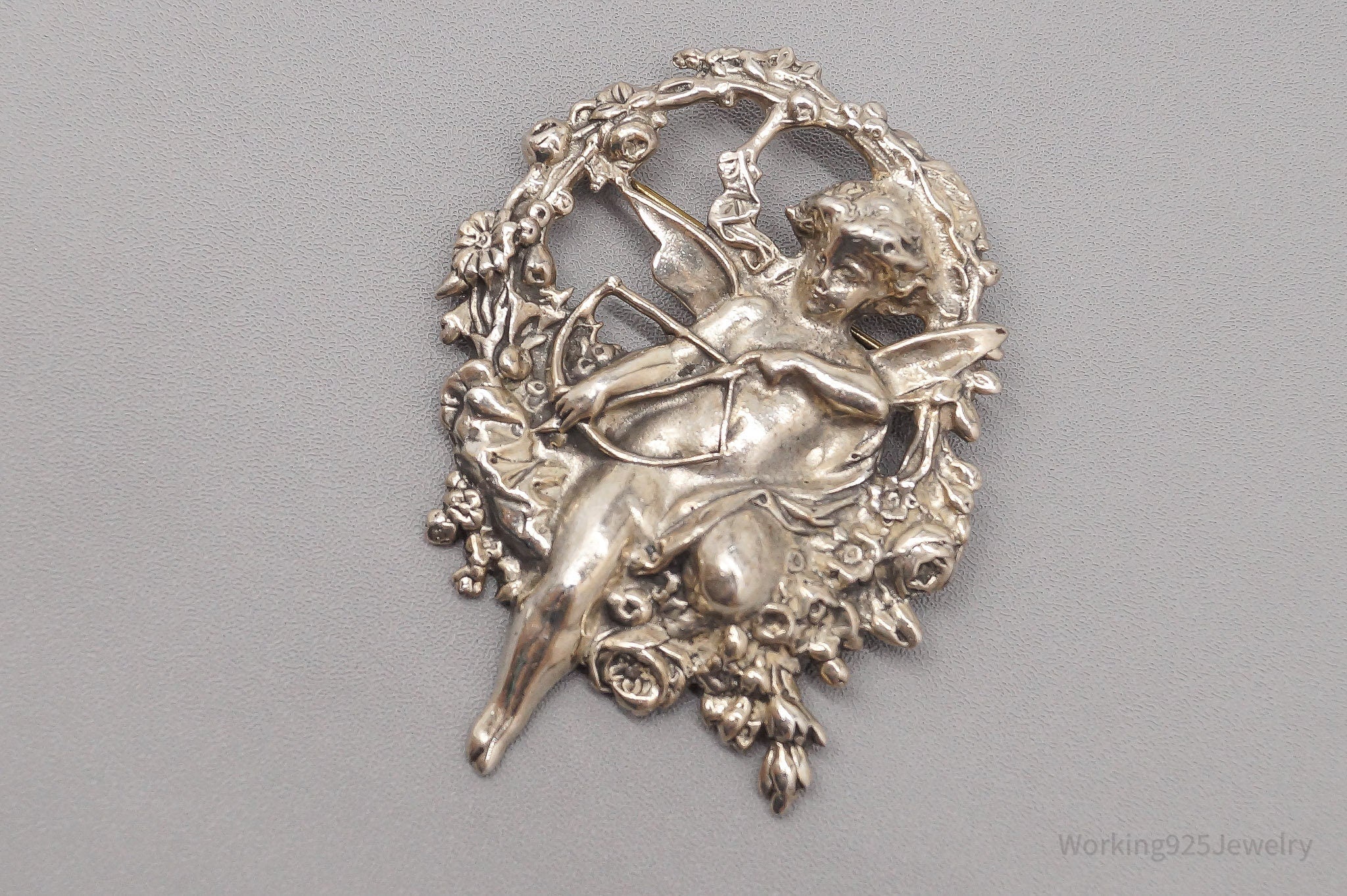 Large Vintage Cupid Angel Sterling Silver Brooch Pin