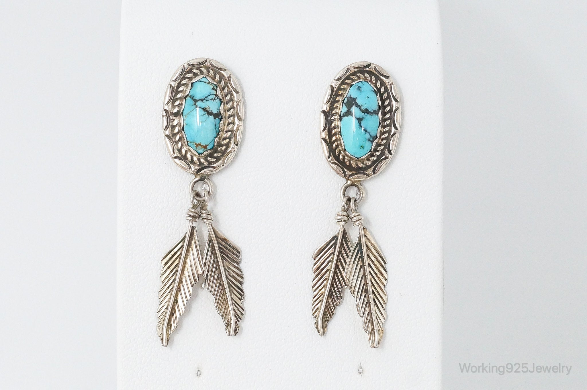 Vintage Native American Designer SY Turquoise Sterling Silver Earrings