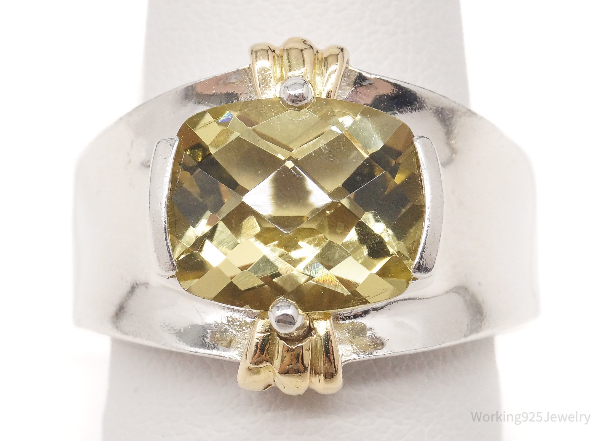 Vintage Large Lemon Quartz Gold Vermeil Sterling Silver Ring - Size 8.75