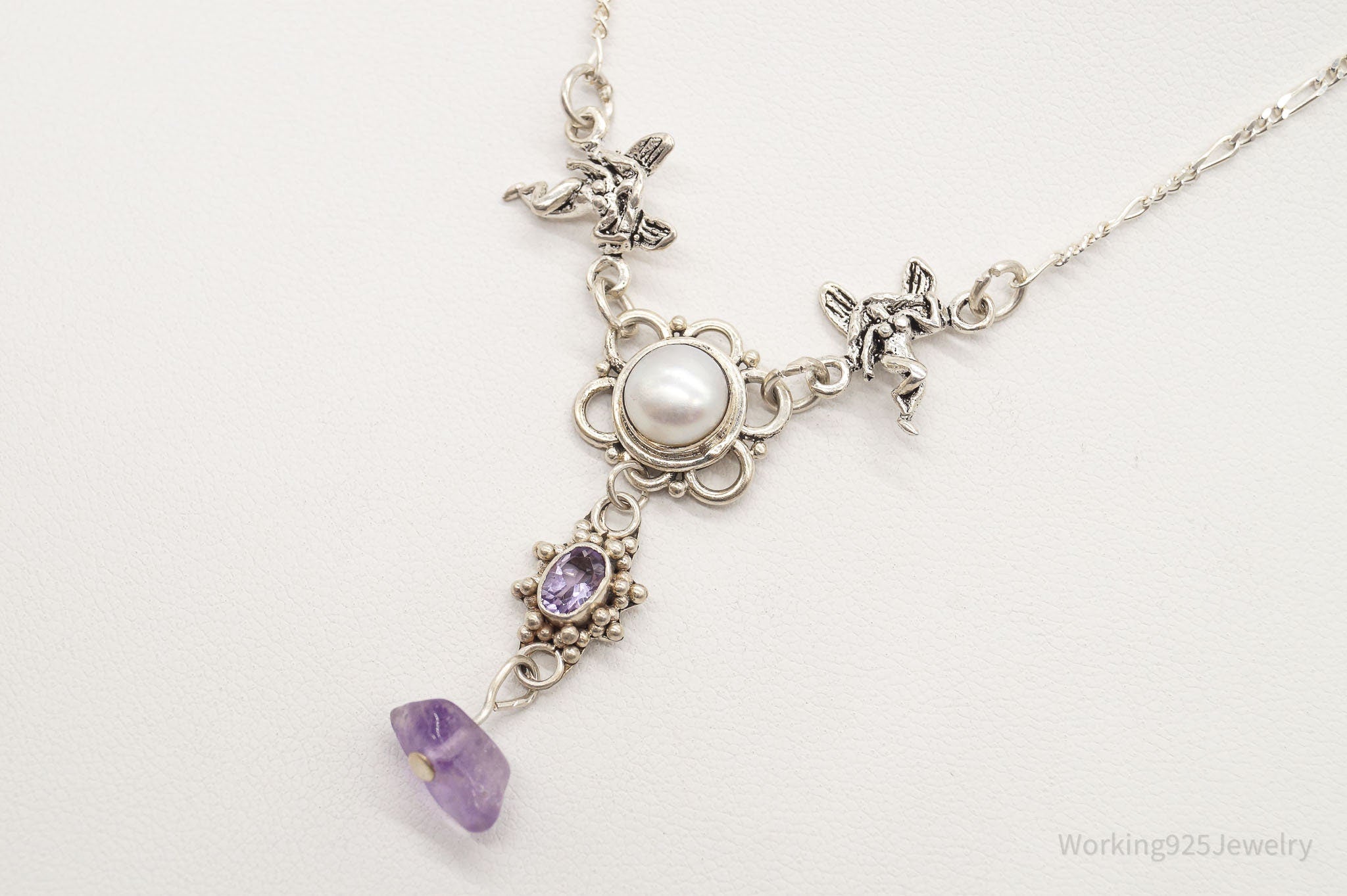 Vintage Pearl Amethyst & Fairies Sterling Silver Necklace