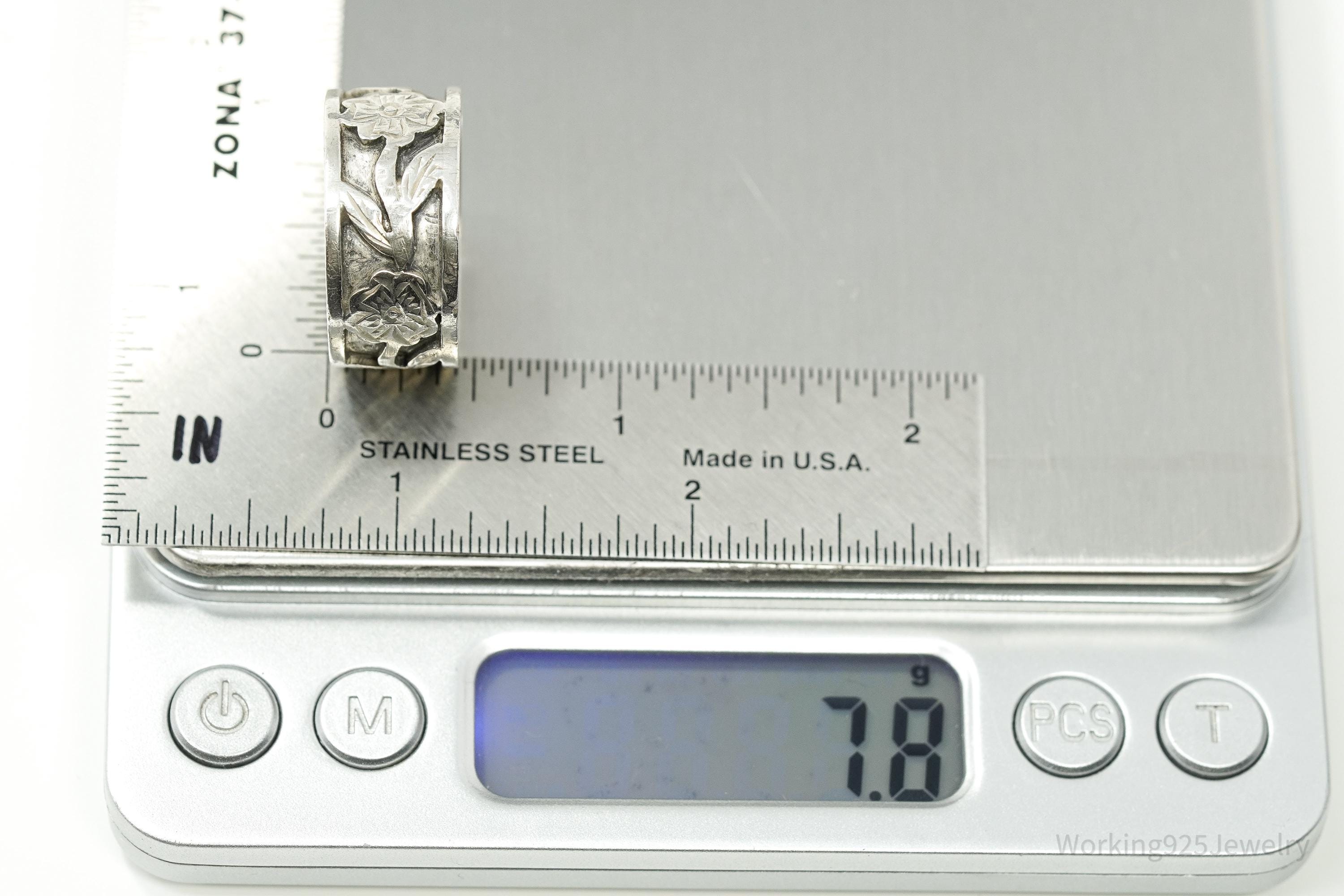 Vintage Mexico Flower Pattern Sterling Silver Ring - Size 12