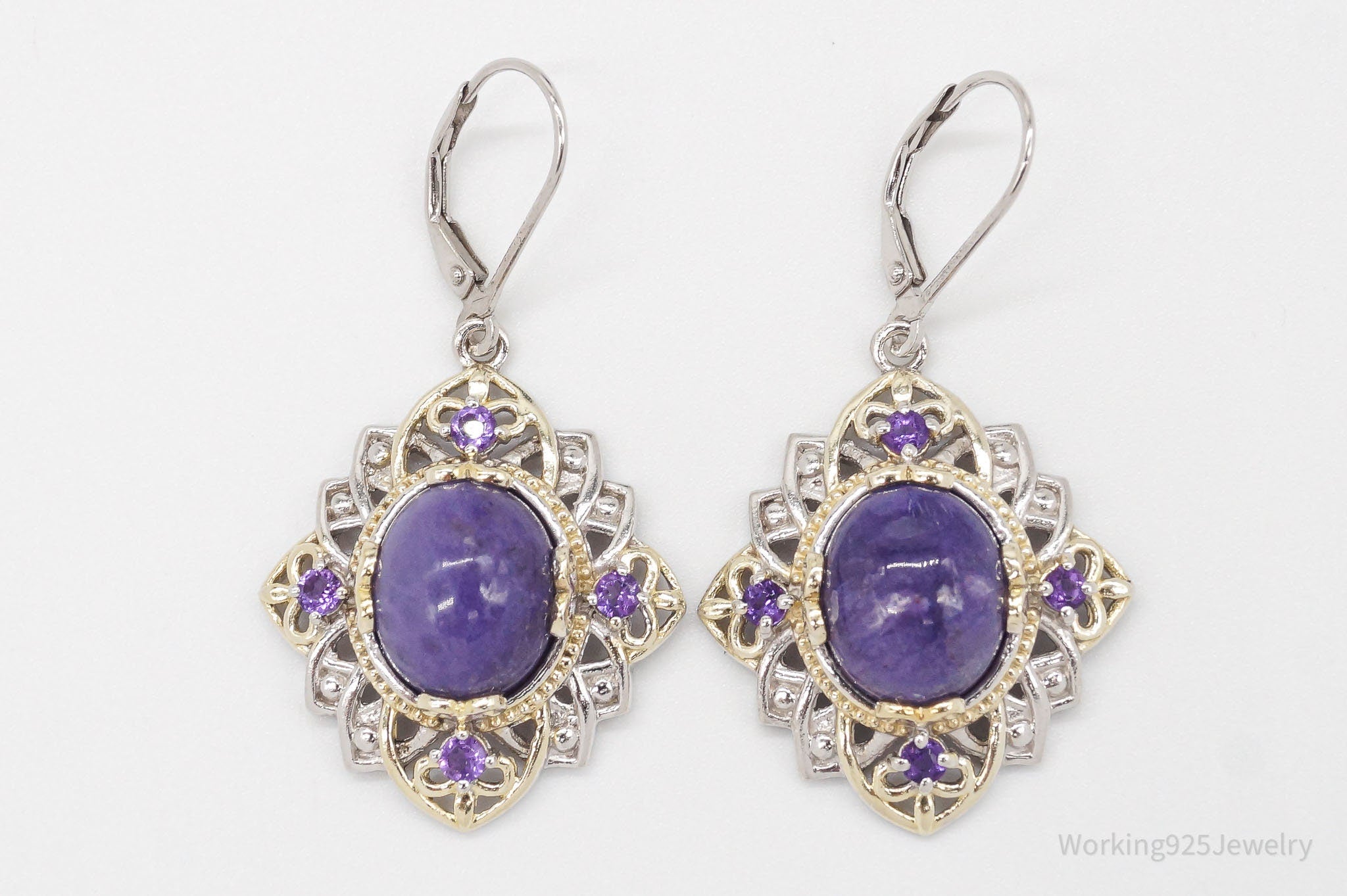 Vintage Charoite Amethyst Gold Vermeil Sterling Silver Earrings