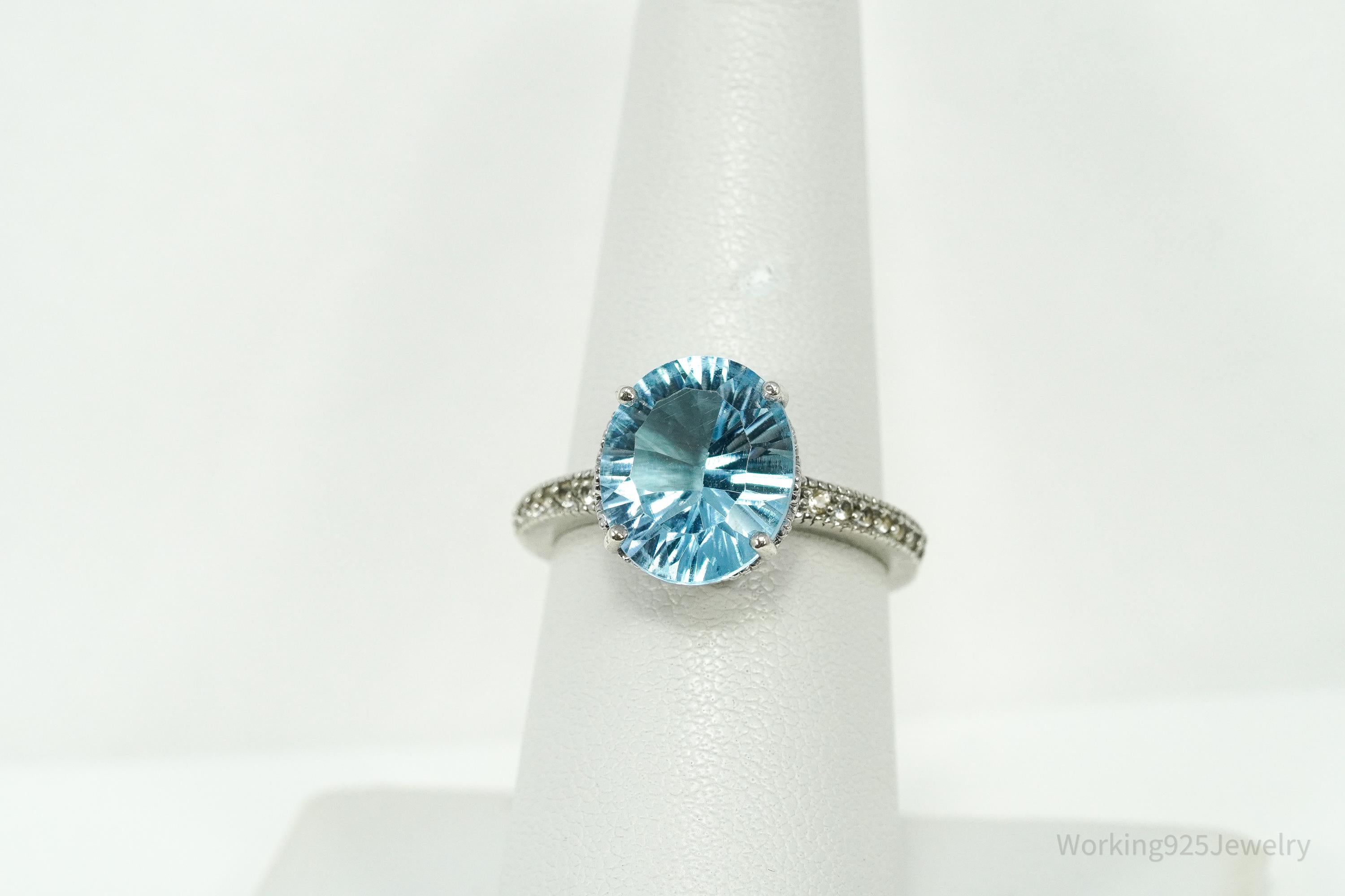 Vintage Blue & White Topaz Sterling Silver Ring - Size 7.25