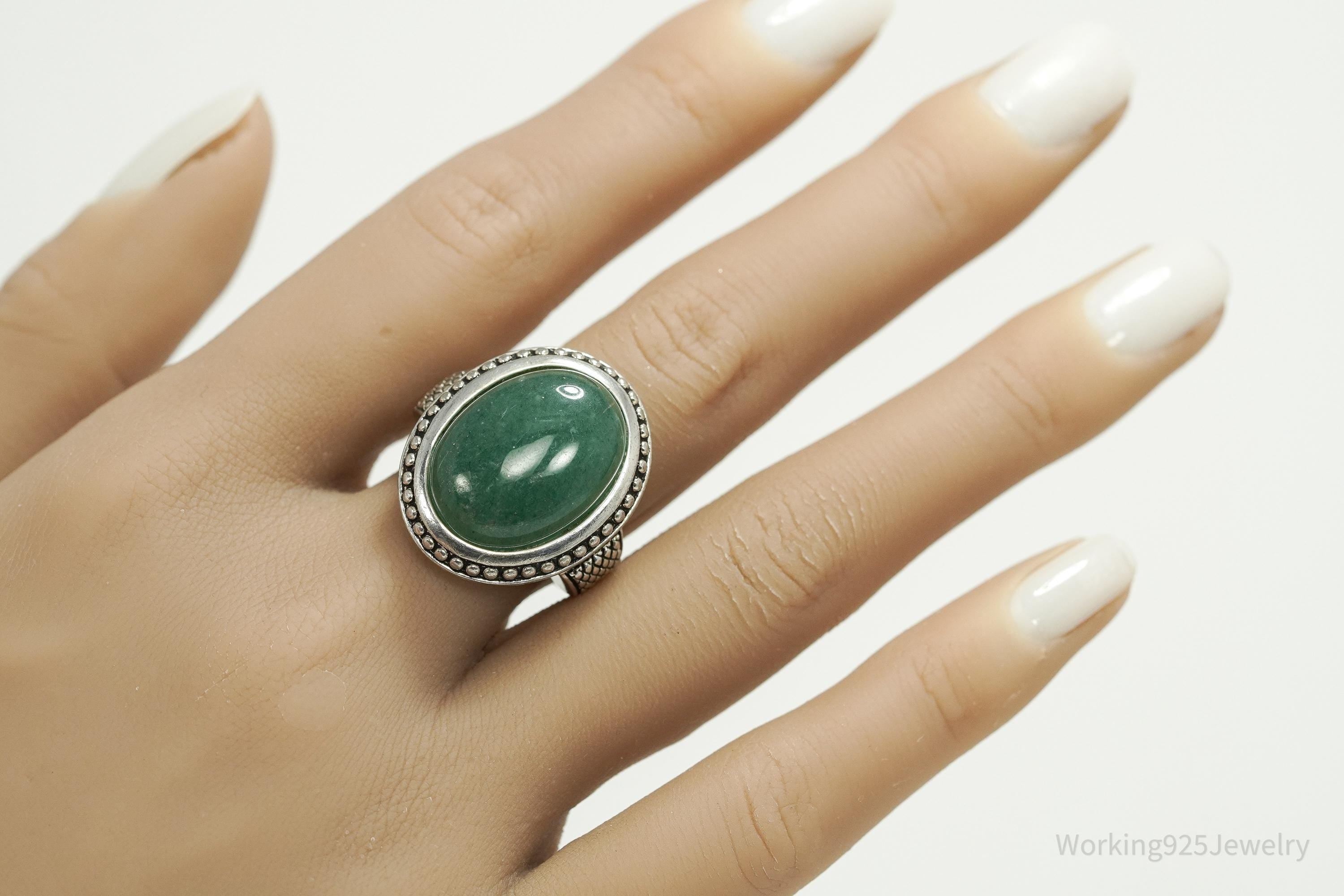 Vintage Large Green Aventurine Sterling Silver Ring - Size 9