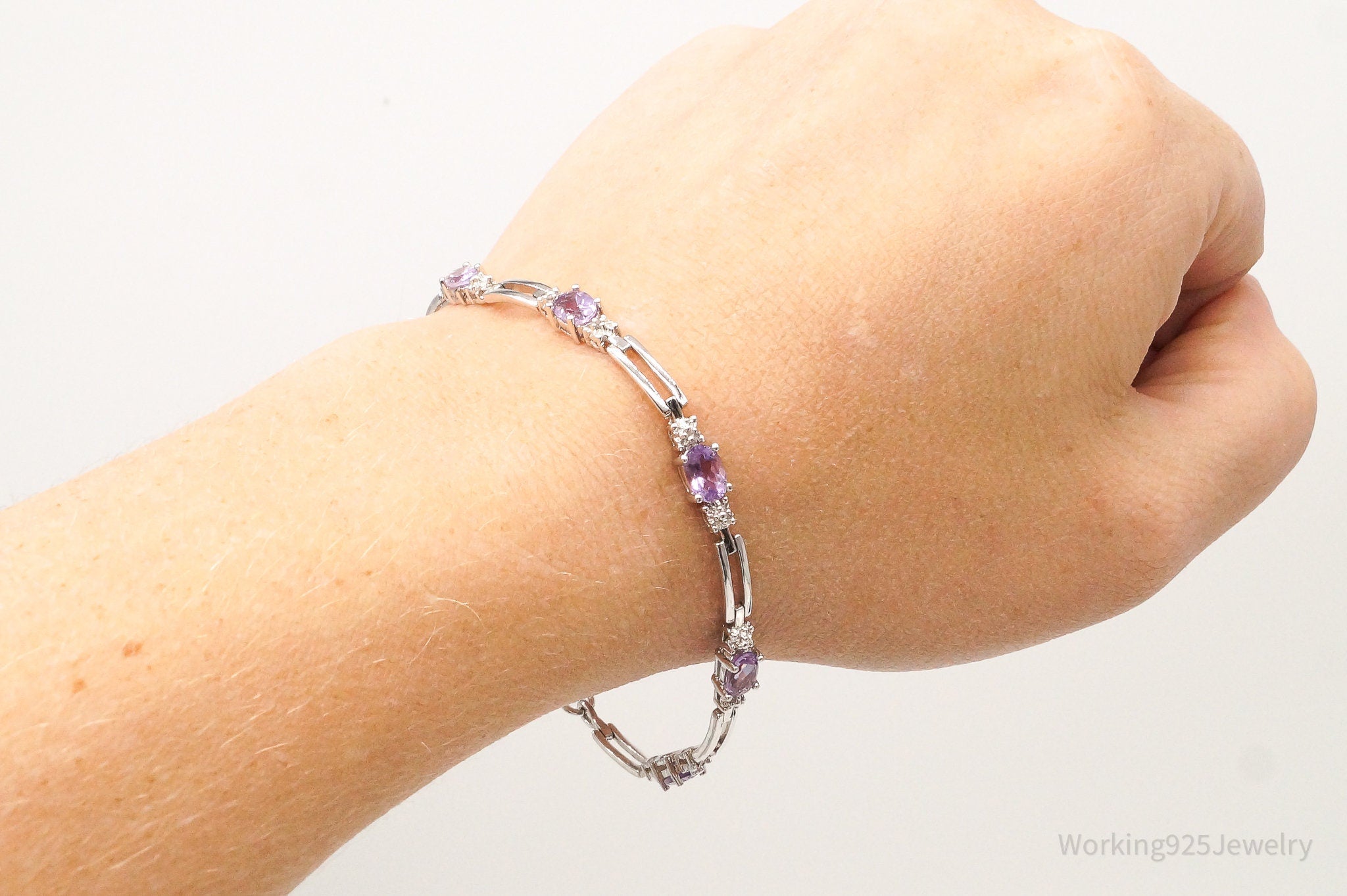 Vintage Two Diamonds Amethyst Sterling Silver Bracelet