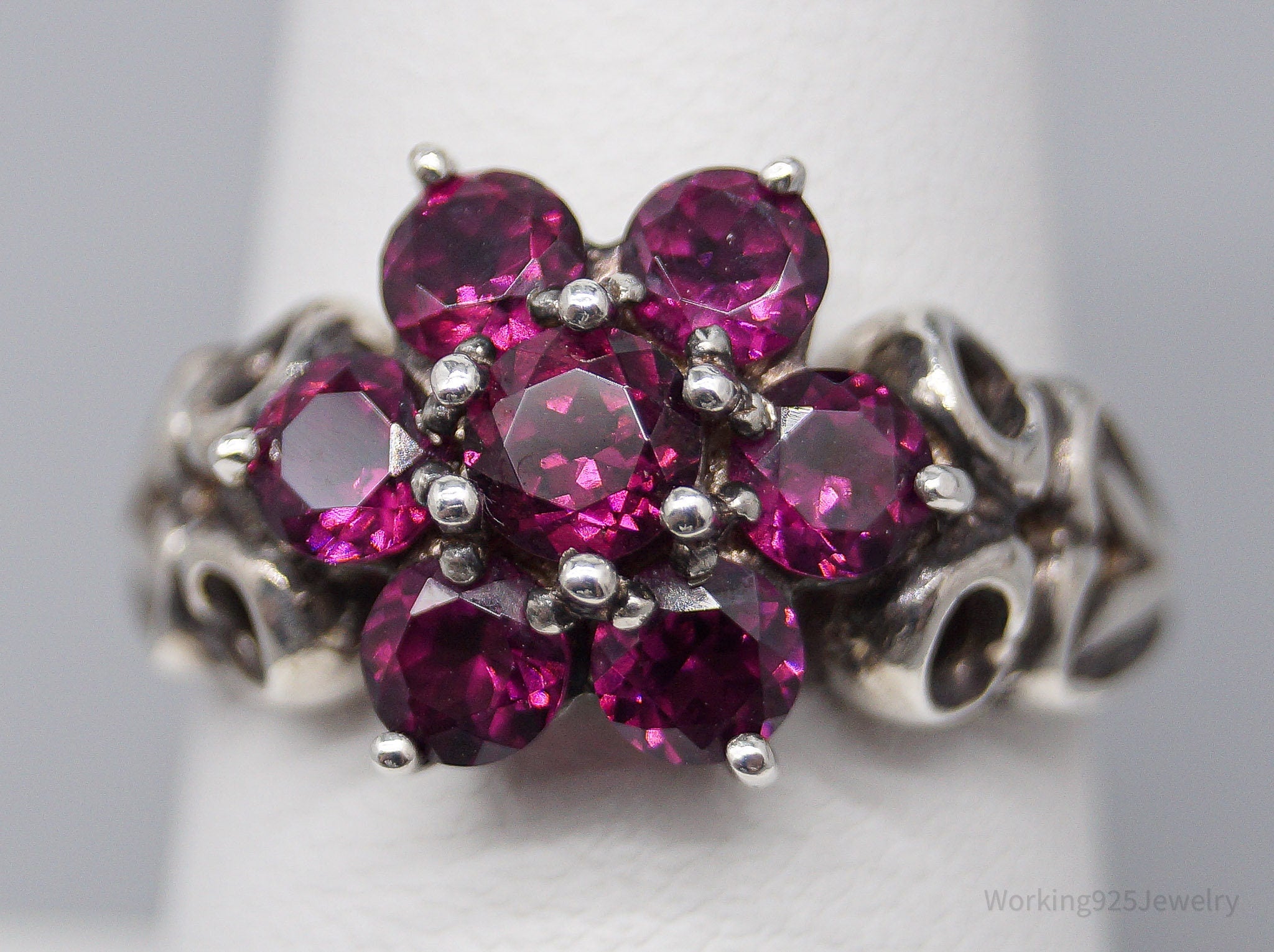 Vintage Rhodolite Garnet Flower Sterling Silver Ring - Size 7.5