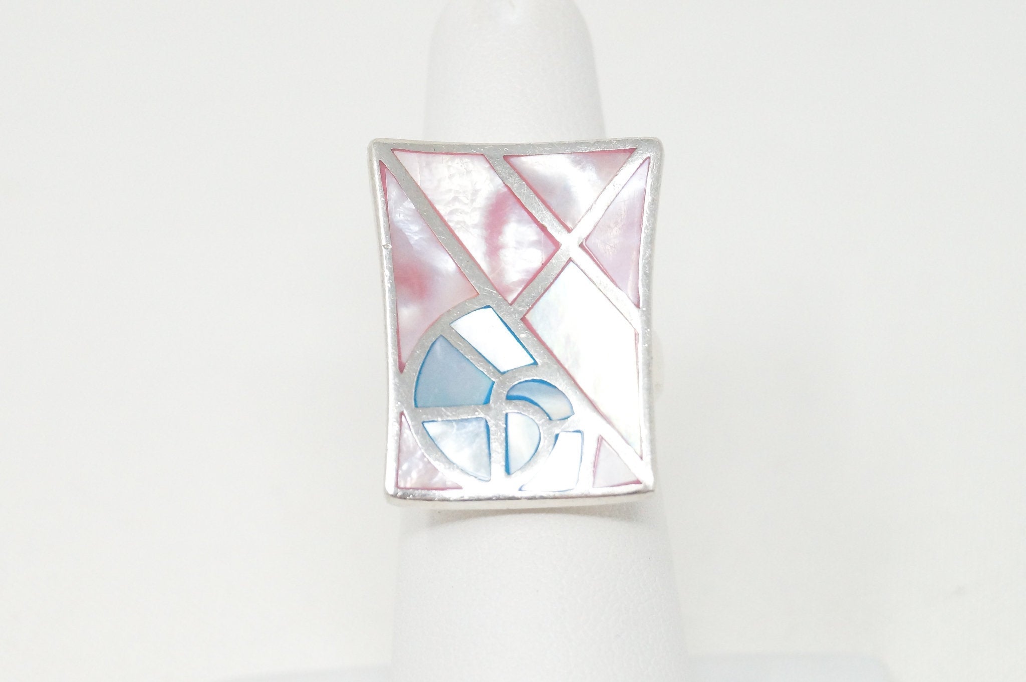 Vintage Pink Blue Mother Of Pearl Pearl Art Deco Ring Sterling Silver Sz 5.5