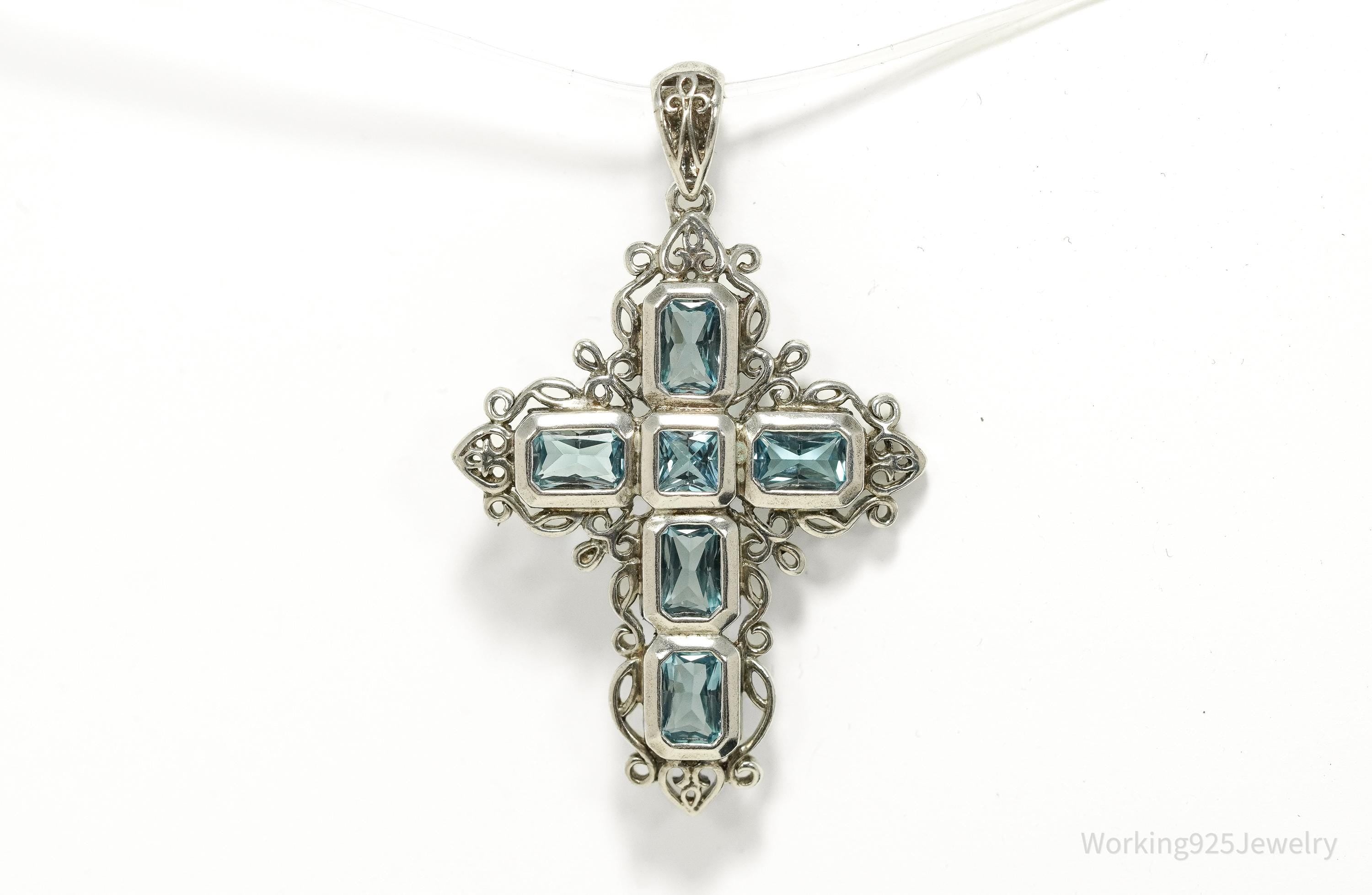 Vintage Blue Topaz Cross Sterling Silver Pendant 1.75"