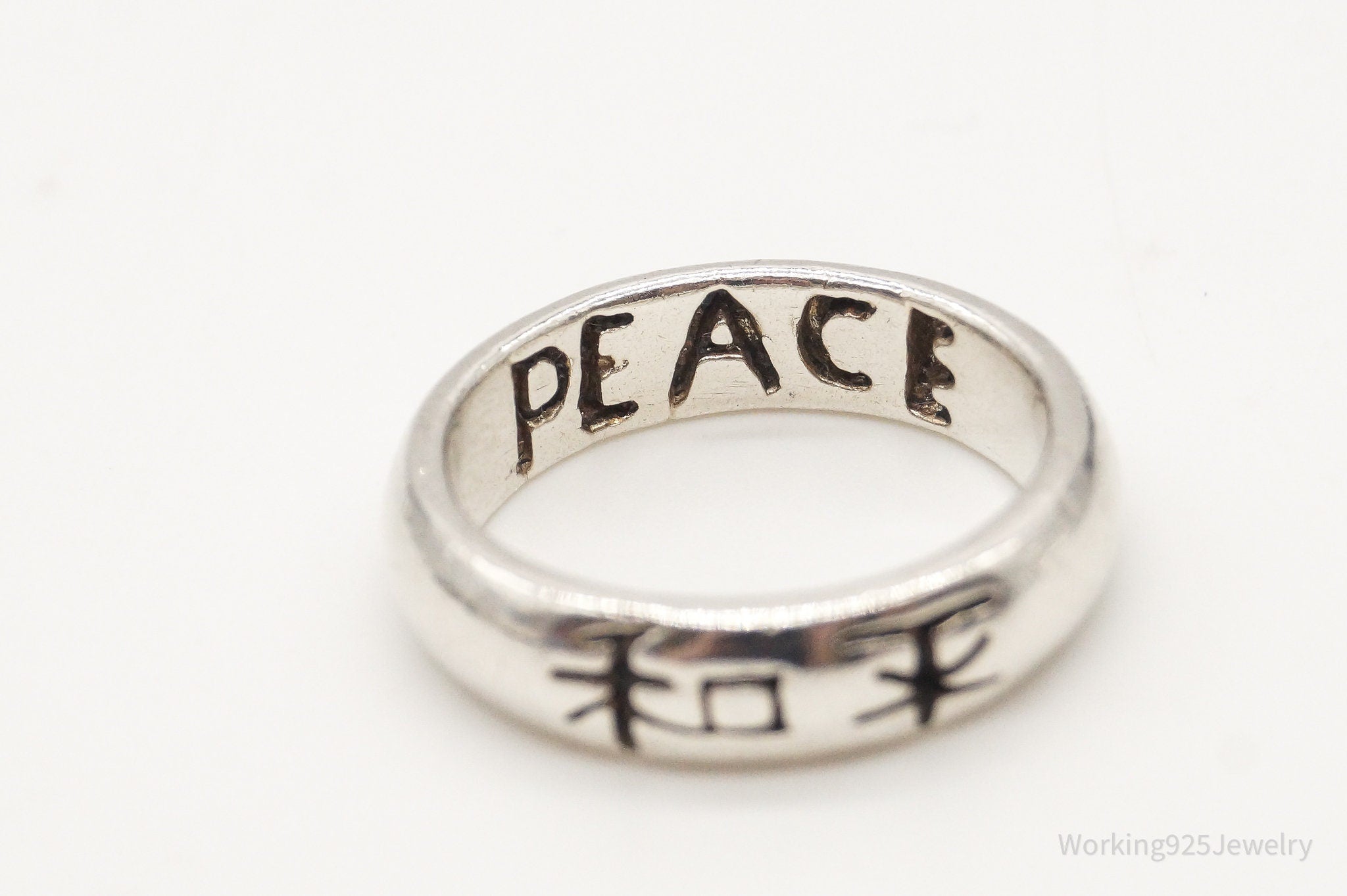 Vintage "PEACE" Letter Symbols Sterling Silver Band Ring - Size 4.75