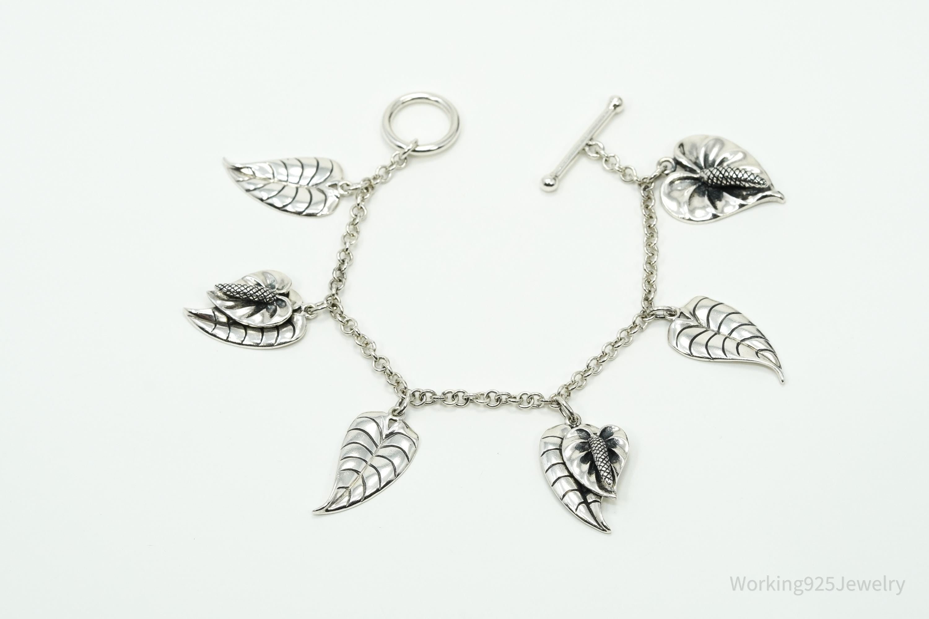 Vintage Leaves Charms Sterling Silver Toggle Bracelet 6 3/8"