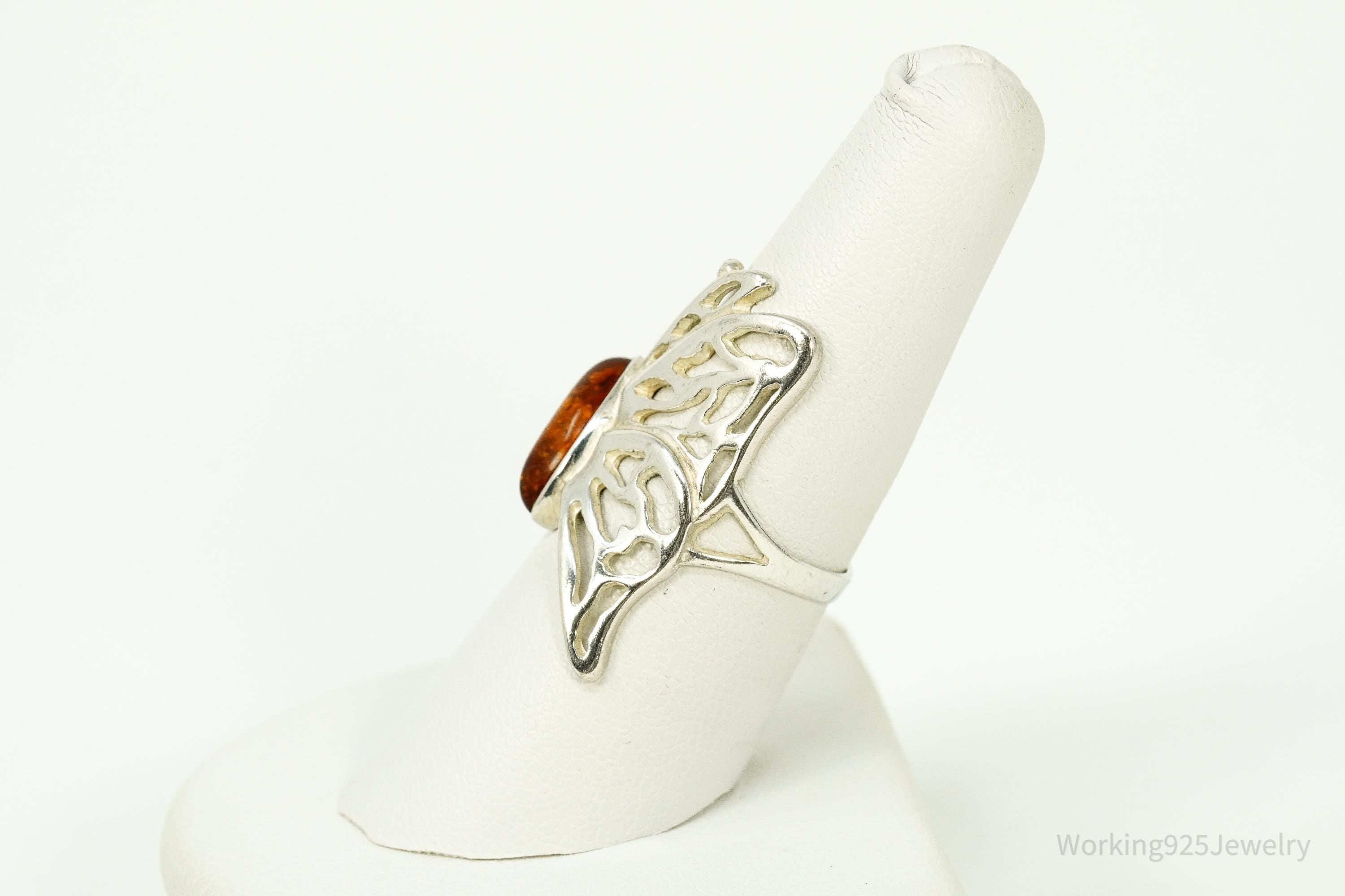 Vintage Amber Butterfly Sterling Silver Ring - Size 7.5