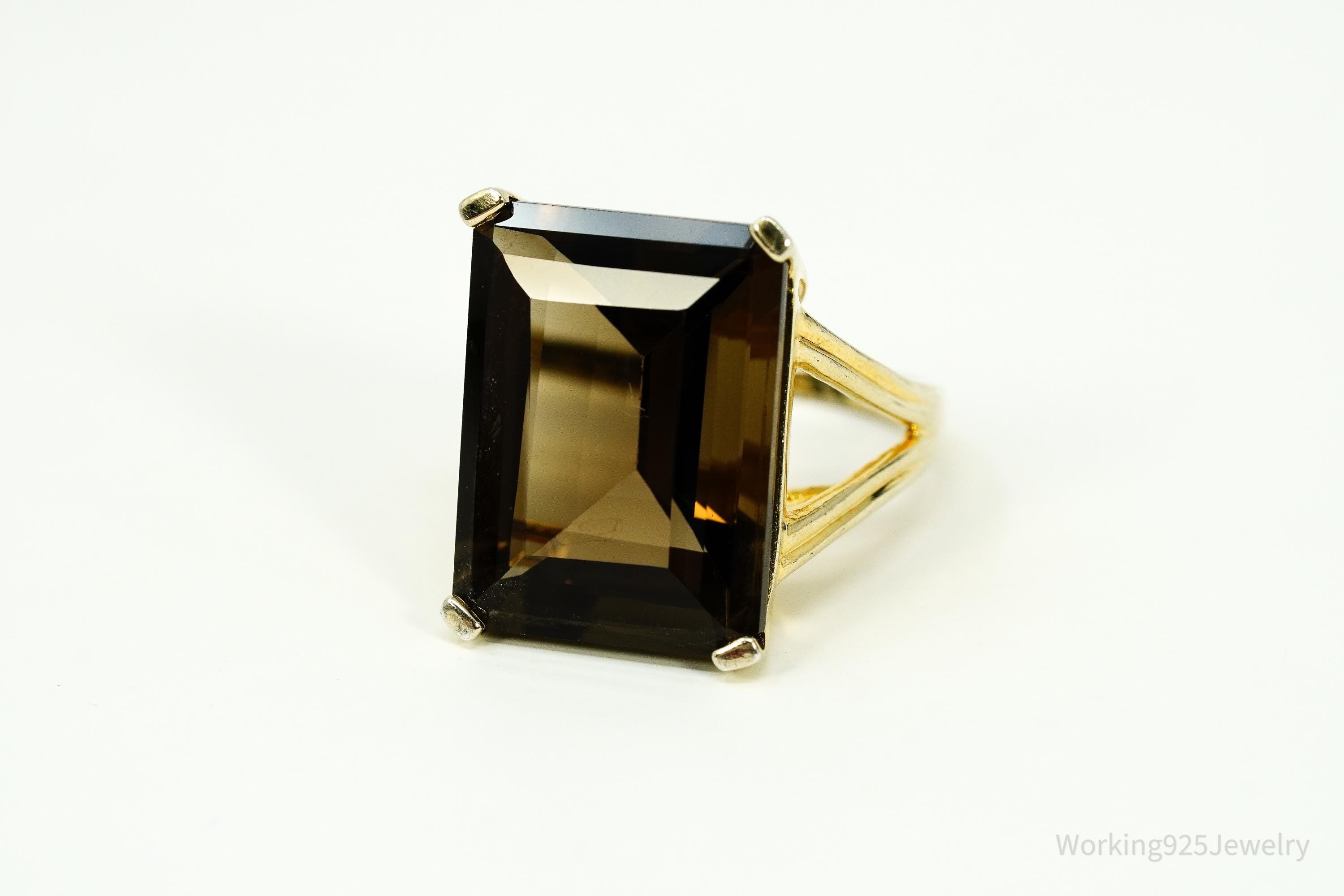 Vintage Large Smoky Topaz Gold Vermeil Sterling Silver Ring - Size 7.5
