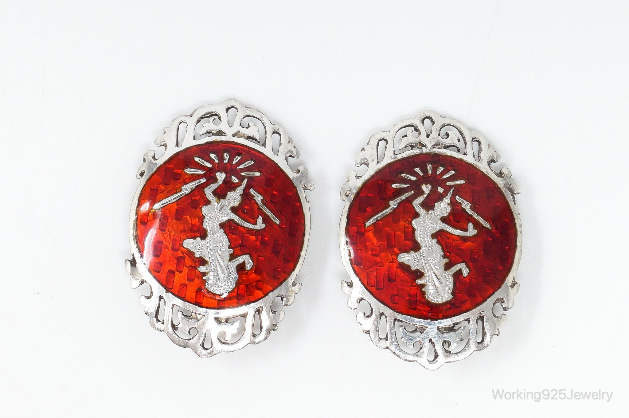 Vintage SIAM Red Enamel Lightening Dancer Sterling Silver Clip On Earrings