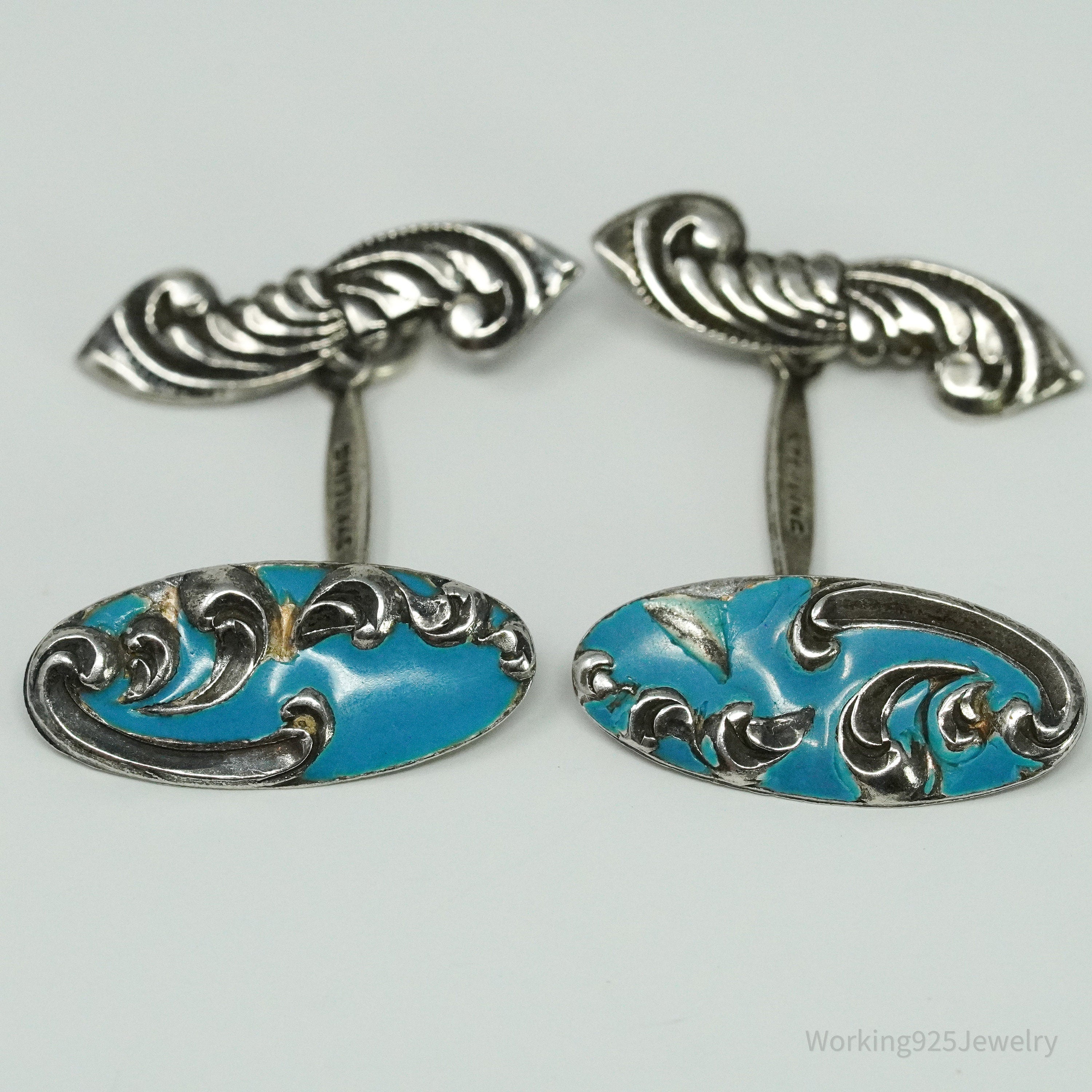 Antique Blue Enamel Sterling Silver Cufflinks