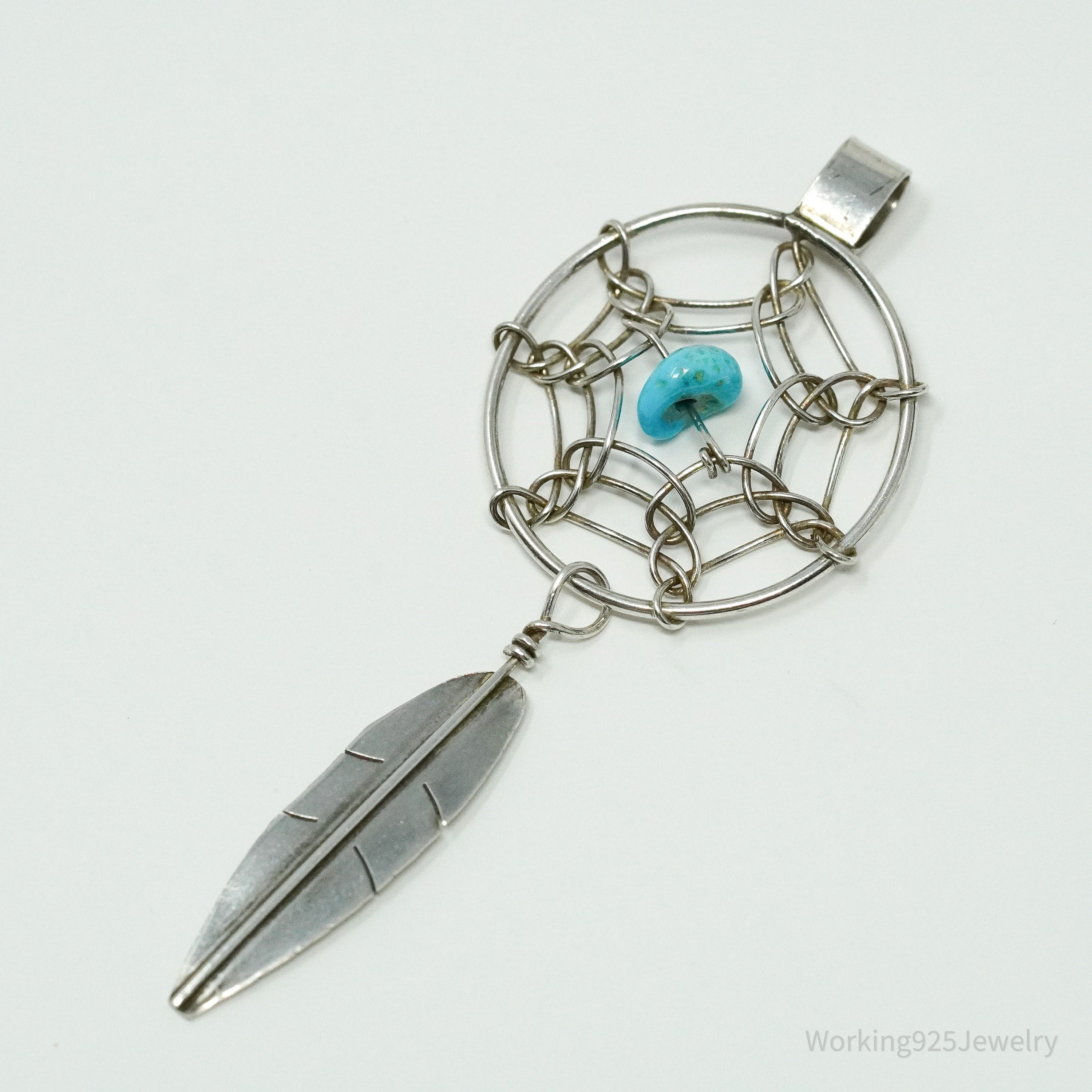 Vintage Native American Turquoise Dreamcatcher Silver Pendant