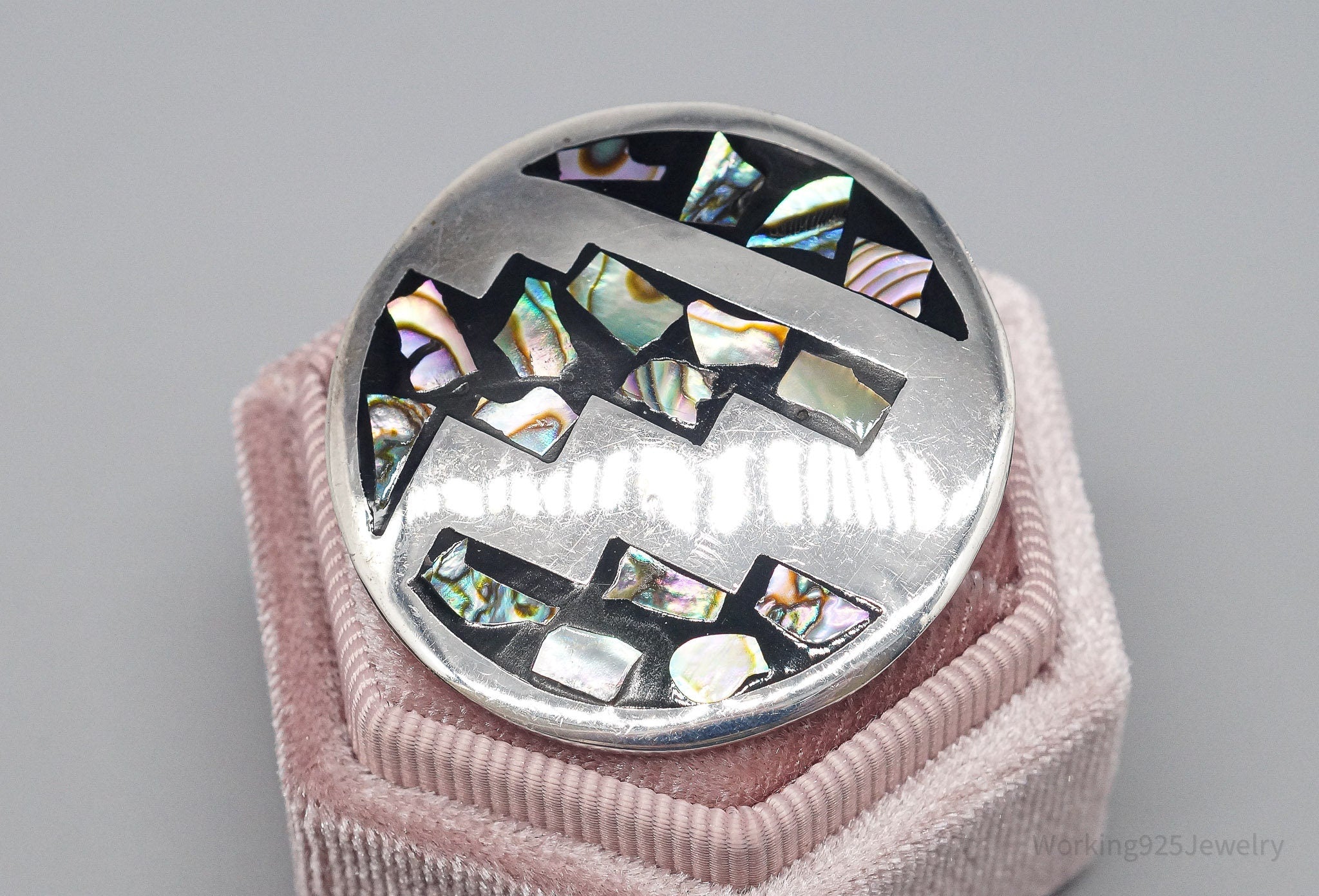 Large Vintage Taxco Mexico Abalone Paua Shell Inlay Sterling Silver Brooch Pin Pendant